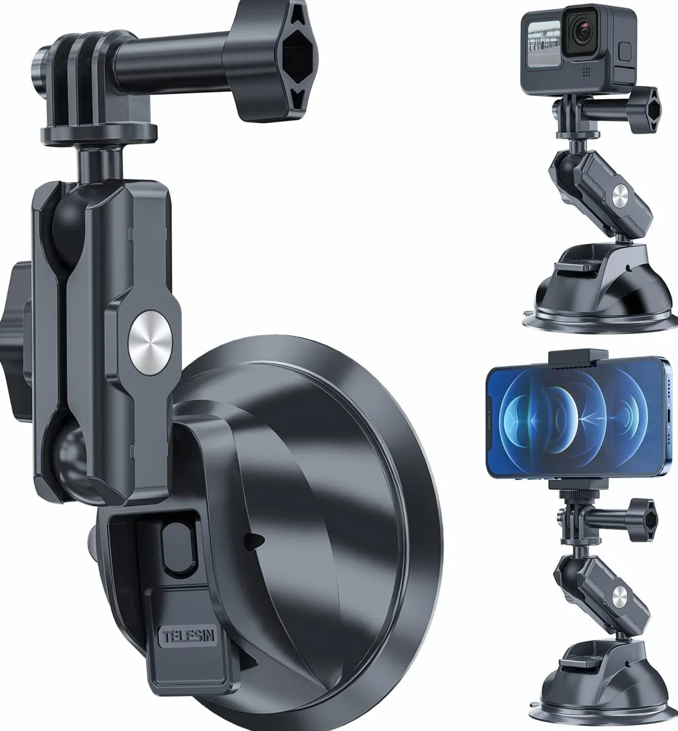 TELESIN Support Ventouse pour DJI Osmo Action 6/5/4 Pocket Osmo 360, GoPro Hero 13/12/11/10, Insta360 X5/X4, Accessoires Caméra d’Action