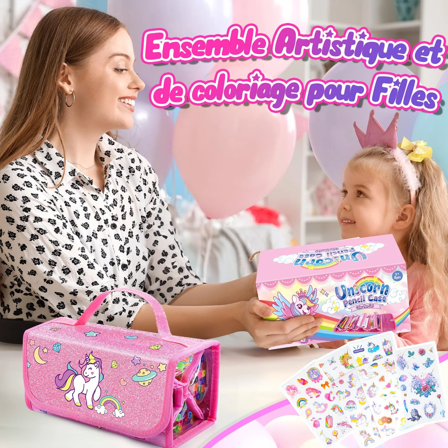 HappyGoLucky Malette Dessin Enfant 48 Pinceaux Autocollants Imperméable Facile Nettoyer Cadeau Fille 3-10 Ans Rose