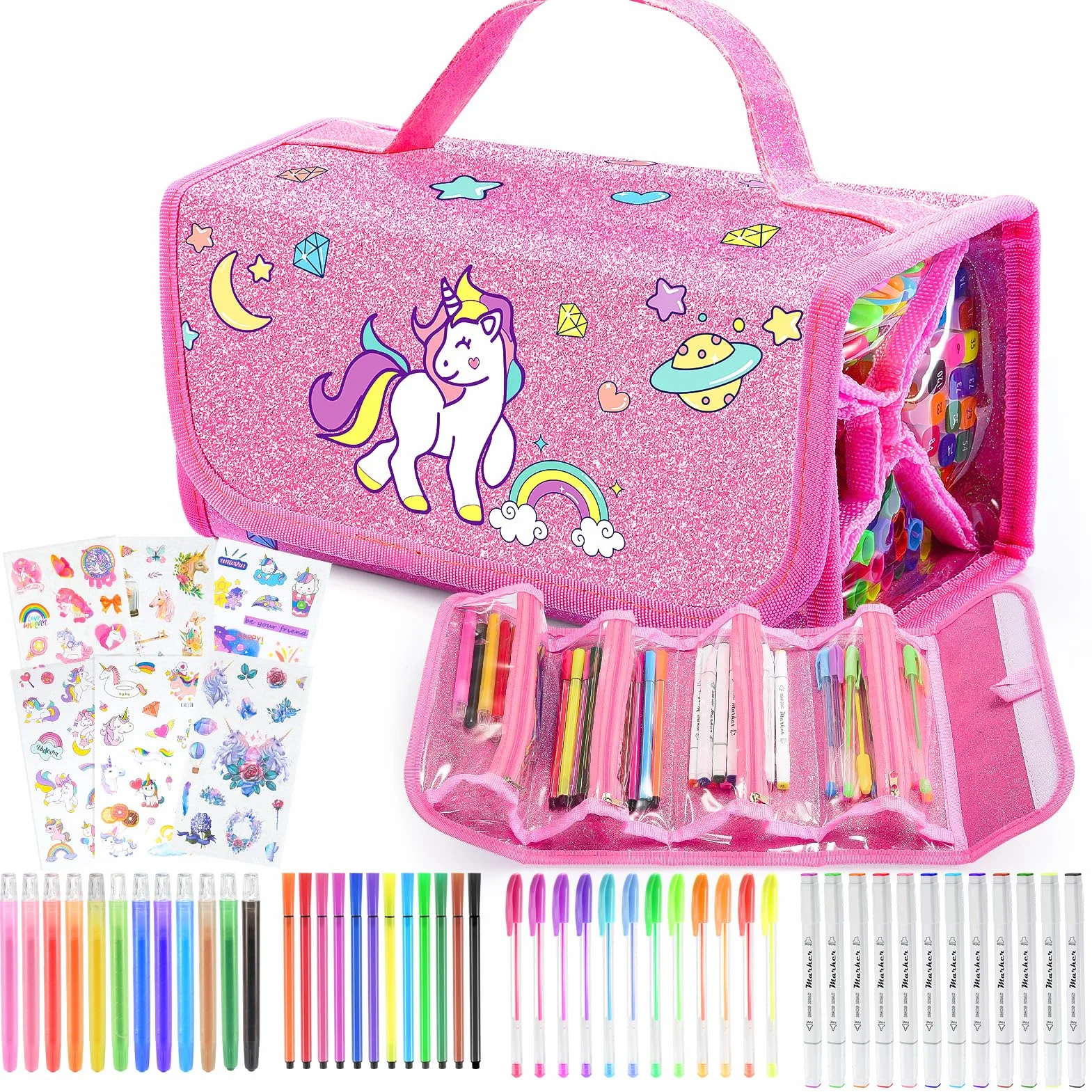 HappyGoLucky Malette Dessin Enfant 48 Pinceaux Autocollants Imperméable Facile Nettoyer Cadeau Fille 3-10 Ans Rose