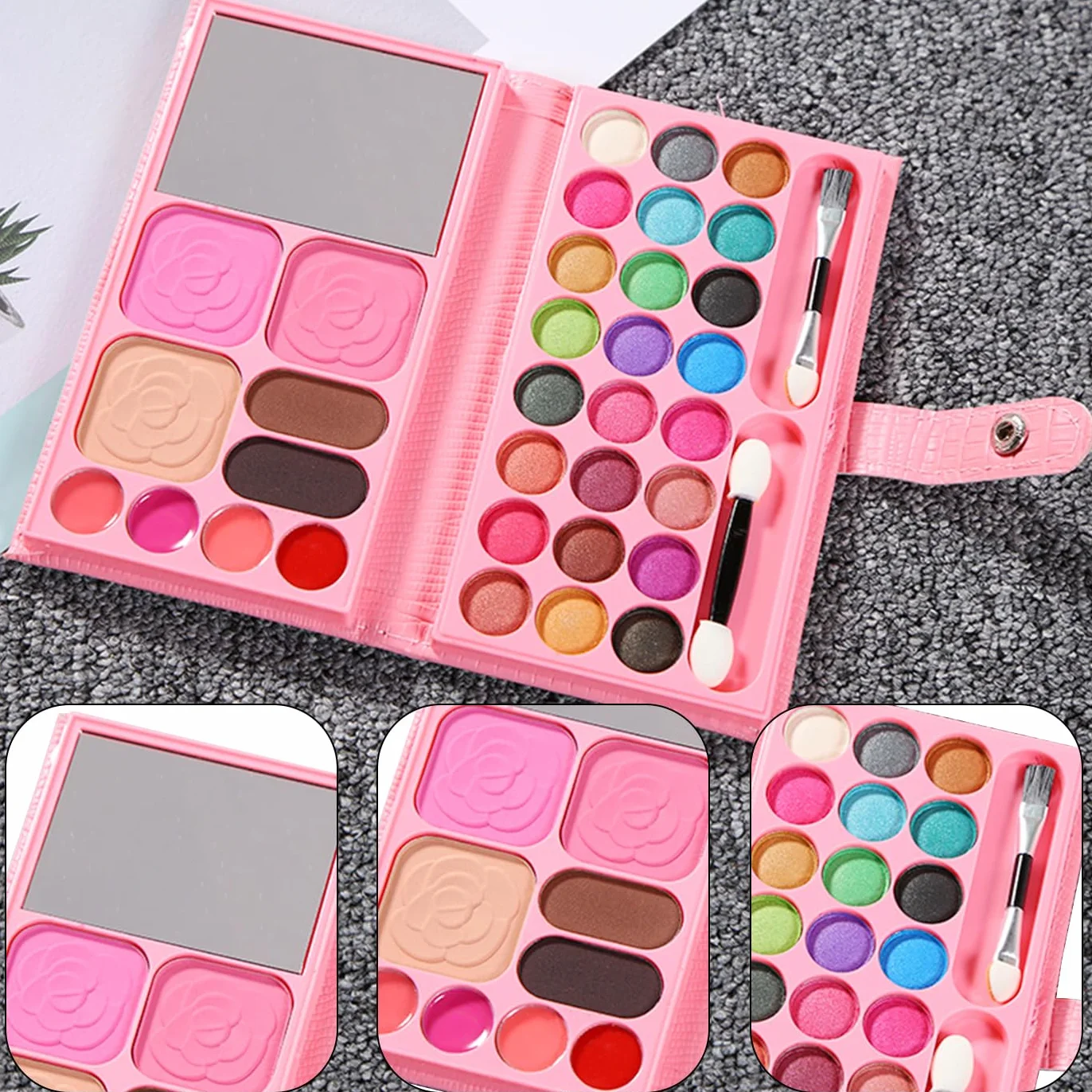 Ensemble de Maquillage pour Filles 33 Couleurs Jouets de Maquillage pour Enfants Cosmétiques Non Toxiques avec 8 Pinceaux Lavables