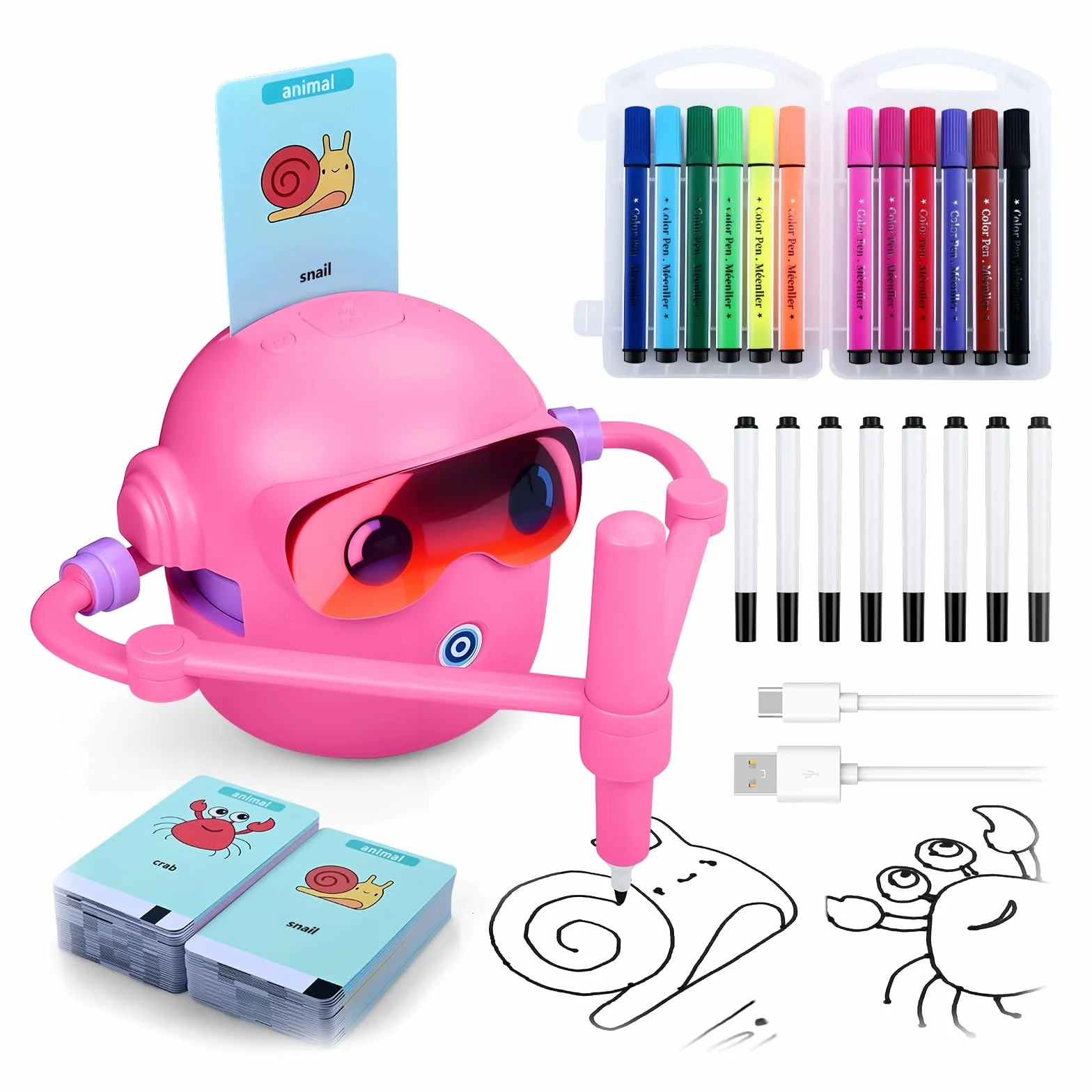 Robot de Dessin pour Enfants MMOBIEL Pictobot Jouet Éducatif Interactif 100 Cartes de Dessin Guide Vocal 12 Feutres Colorés Batterie USB-C Cadeau Filles Garçons 3-9 Ans Rose
