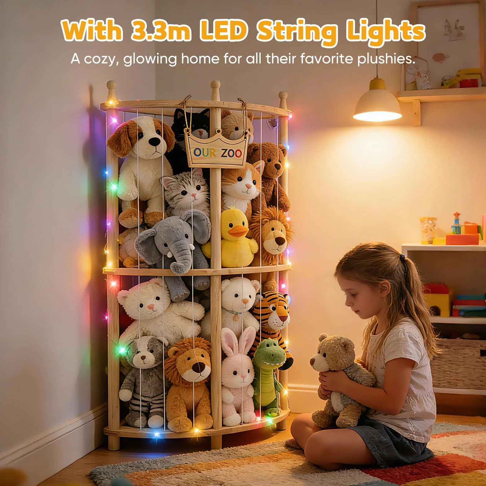 OUR ZOO Rangement d'angle pour doudou avec guirlandes lumineuses, double couche, bois, 90 cm, organisateur de jouets