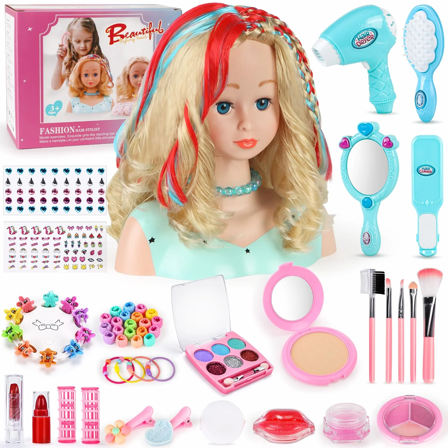 BuzzoXerex Têtes à Coiffer Enfant 58 Pièces Jouet de Maquillage et Coiffure Cadeau Anniversaire Noël 3 Ans Bleu