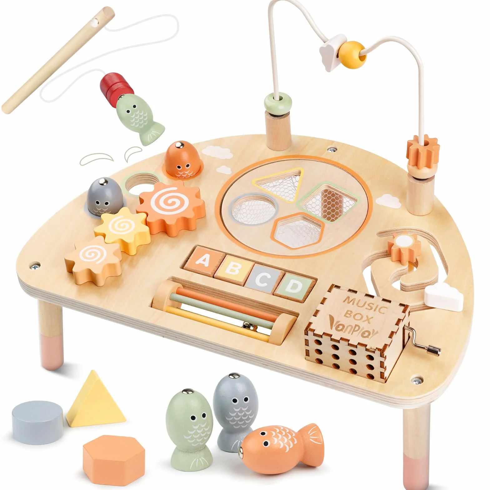 Vanplay Table Activité Bébé Jouet Montessori Jouets en Bois Sensoriels Labyrinthe de Perles Trieur de Formes Cadeau 2 3 4 ans
