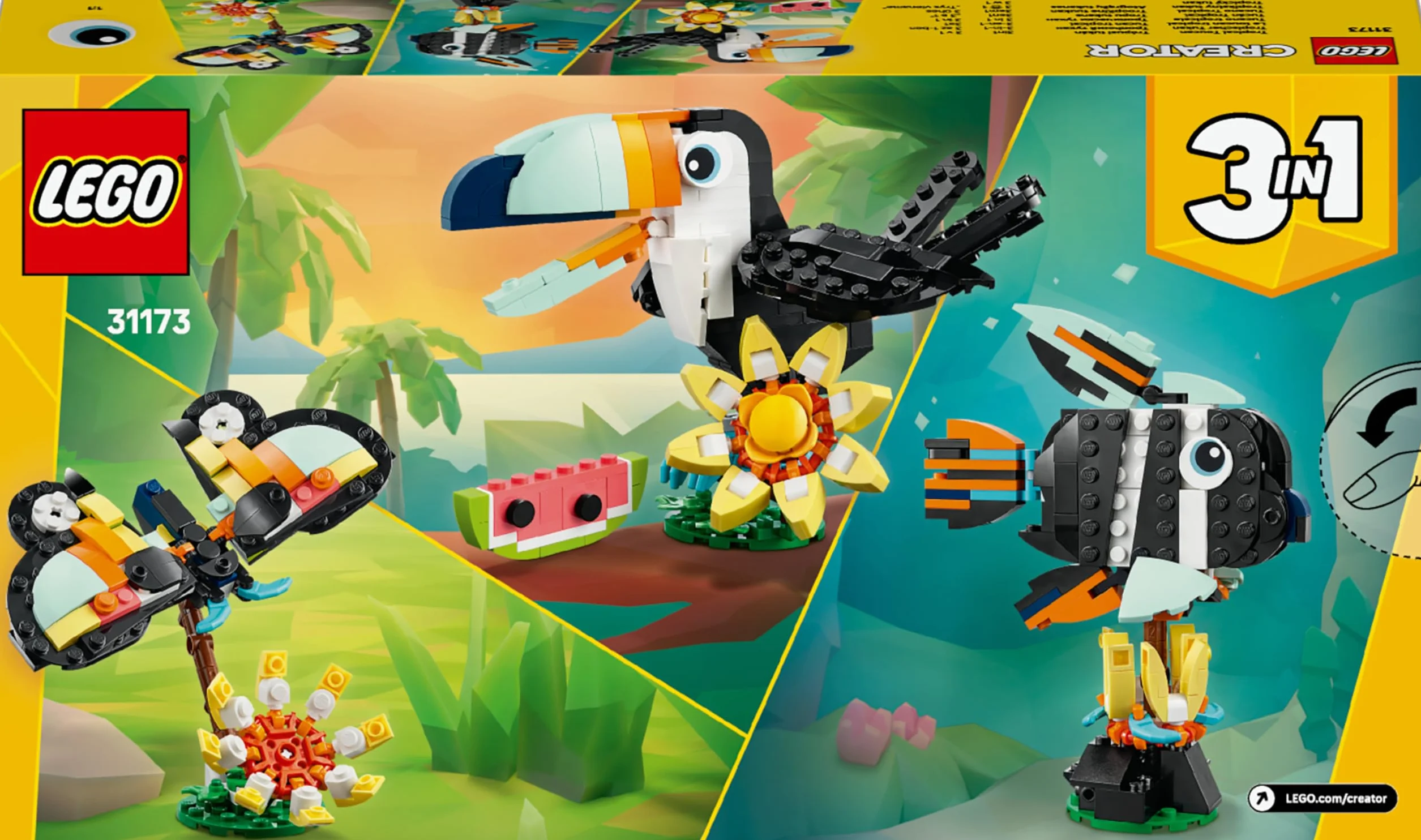 LEGO Creator 3-en-1 Animaux Sauvages Toucan Tropical Oiseau avec Fleur Jouet Animal Transformable Papillon Poisson Tropical Cadeau 7 Ans 31173