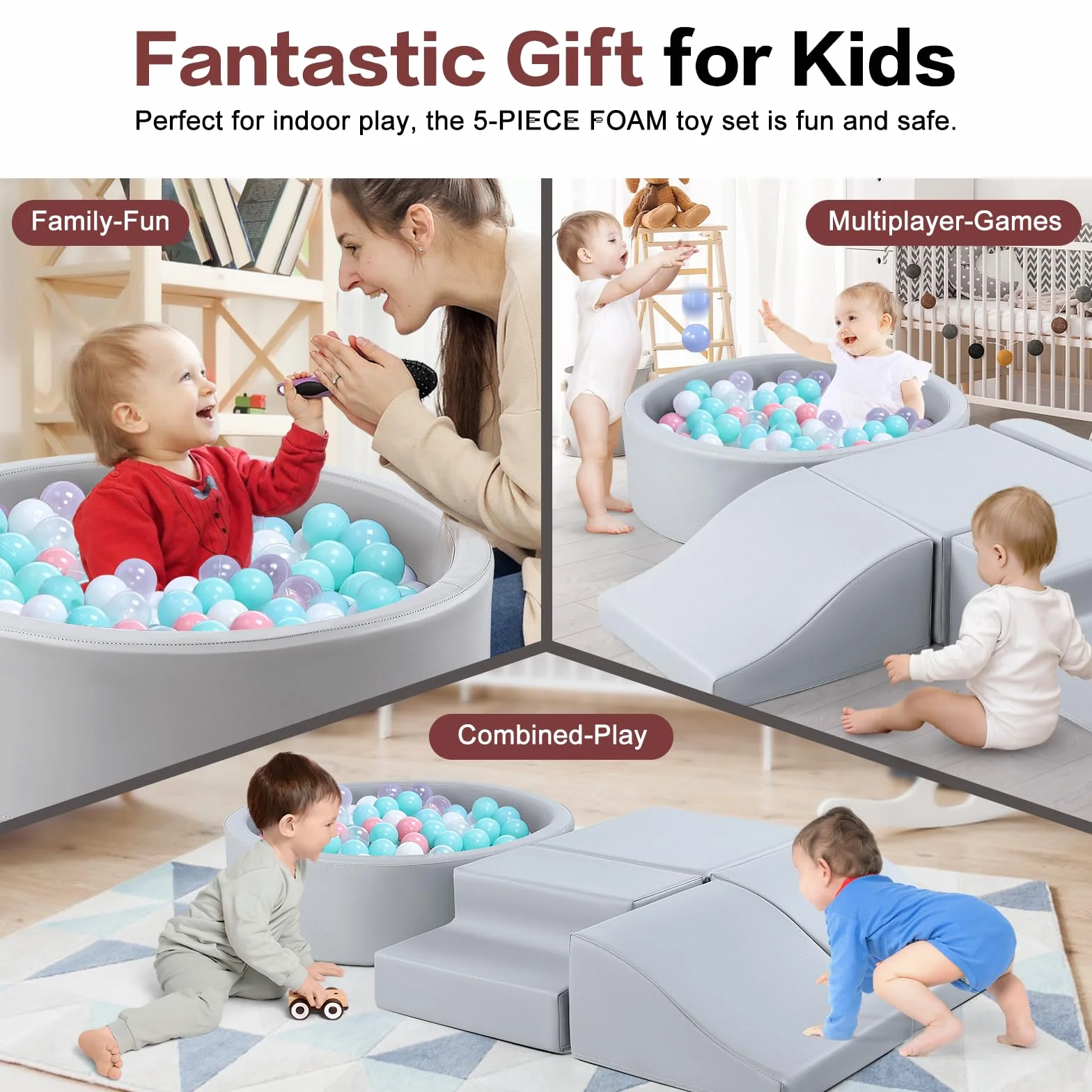 SweHouse Série de 5 pièces Équipement de Jeu en Tissu, Bain de Ballons et Fosse pour Enfants, Jouets d'escalade, Blocs en Mousse Gris