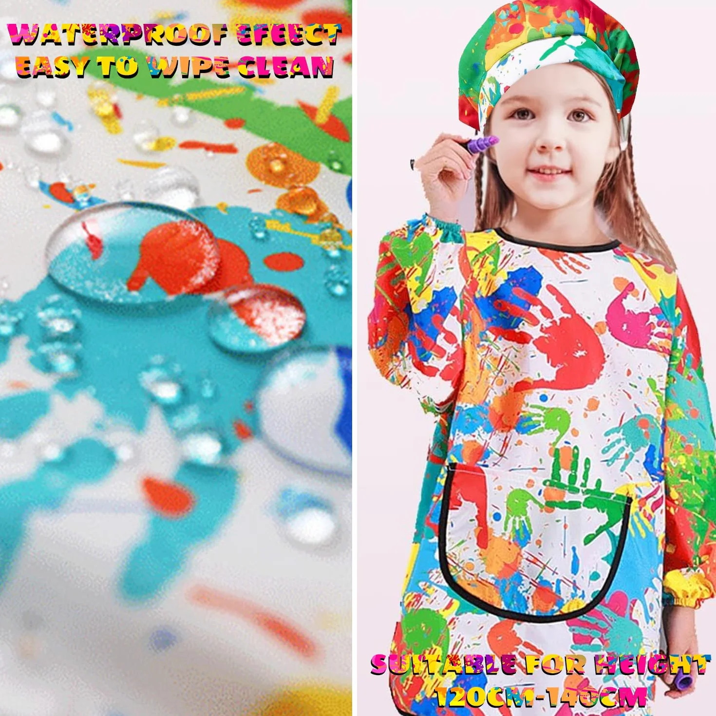 Tablier Peinture Enfant Imperméable 7-11 ans Réutilisable avec Capuche Manches Poches