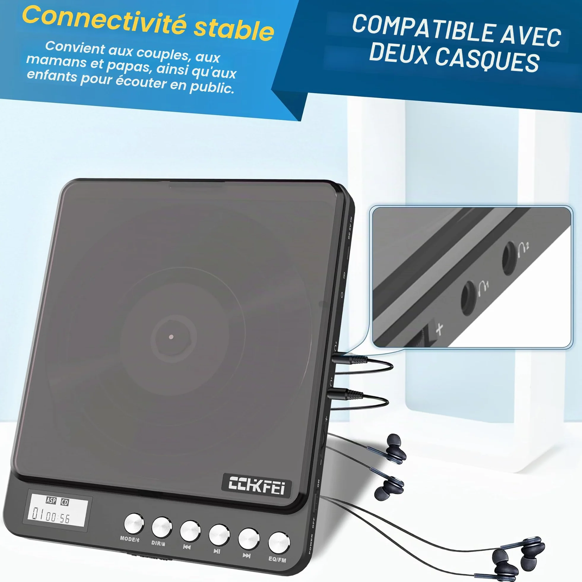 CCHKFEI Lecteur CD Portable Bluetooth Rechargeable Transmetteur FM Antichoc Double Prise Casque 3.5mm