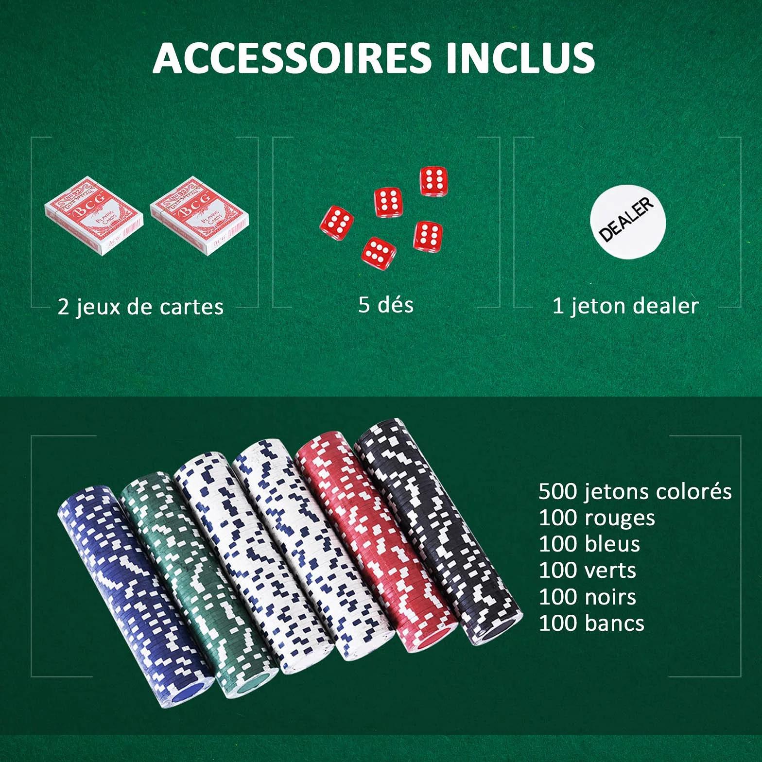 HOMCOM Mallette de Poker Coffret Complet 500 jetons 2 jeux de cartes 5 dés bouton dealer