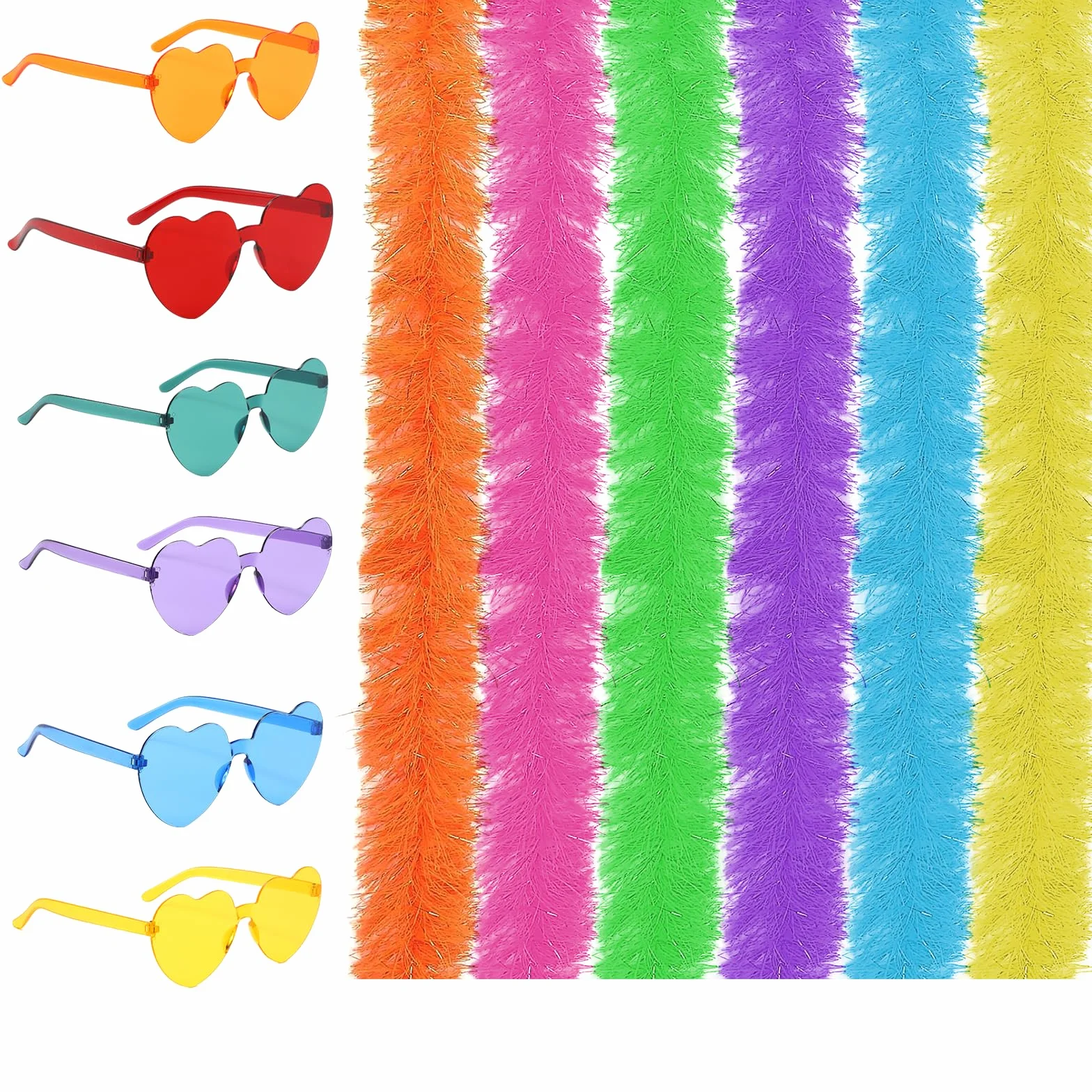Lot de 12 Boas en Plumes Colorées 6.6ft avec Lunettes de Soleil Sans Cadre pour Femme Cosplay Halloween