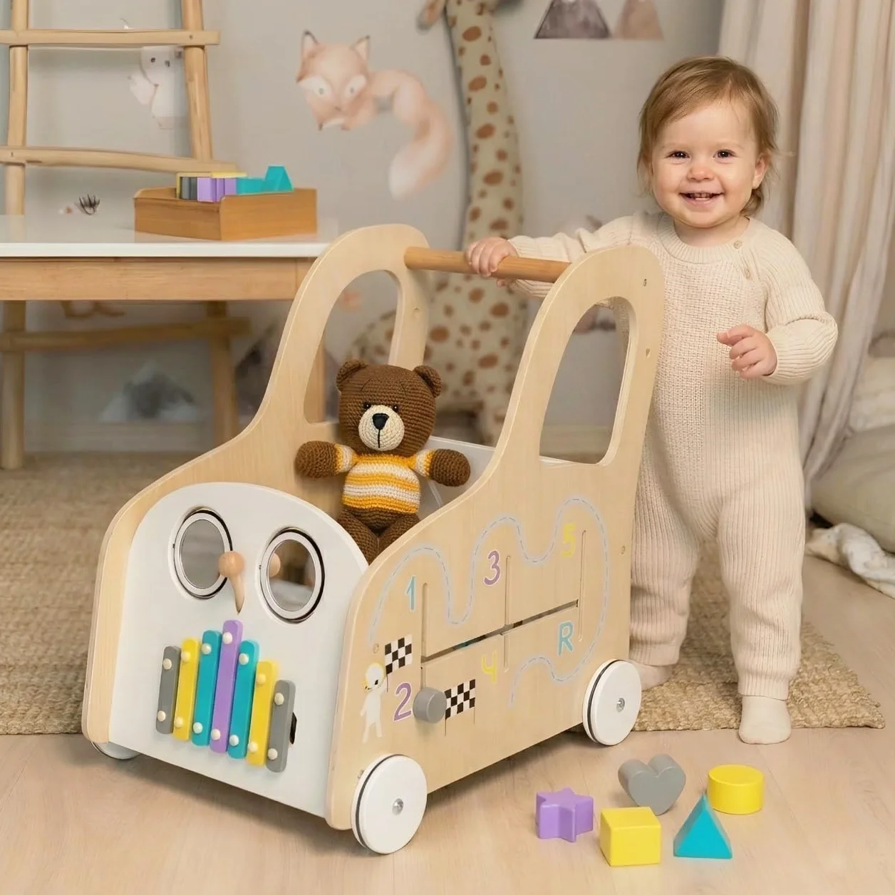 Chariot en Bois Cateam avec Tableau d'Activités Montessori - Jouet à Pousser et Tirer Centre d'Activités Éducatives