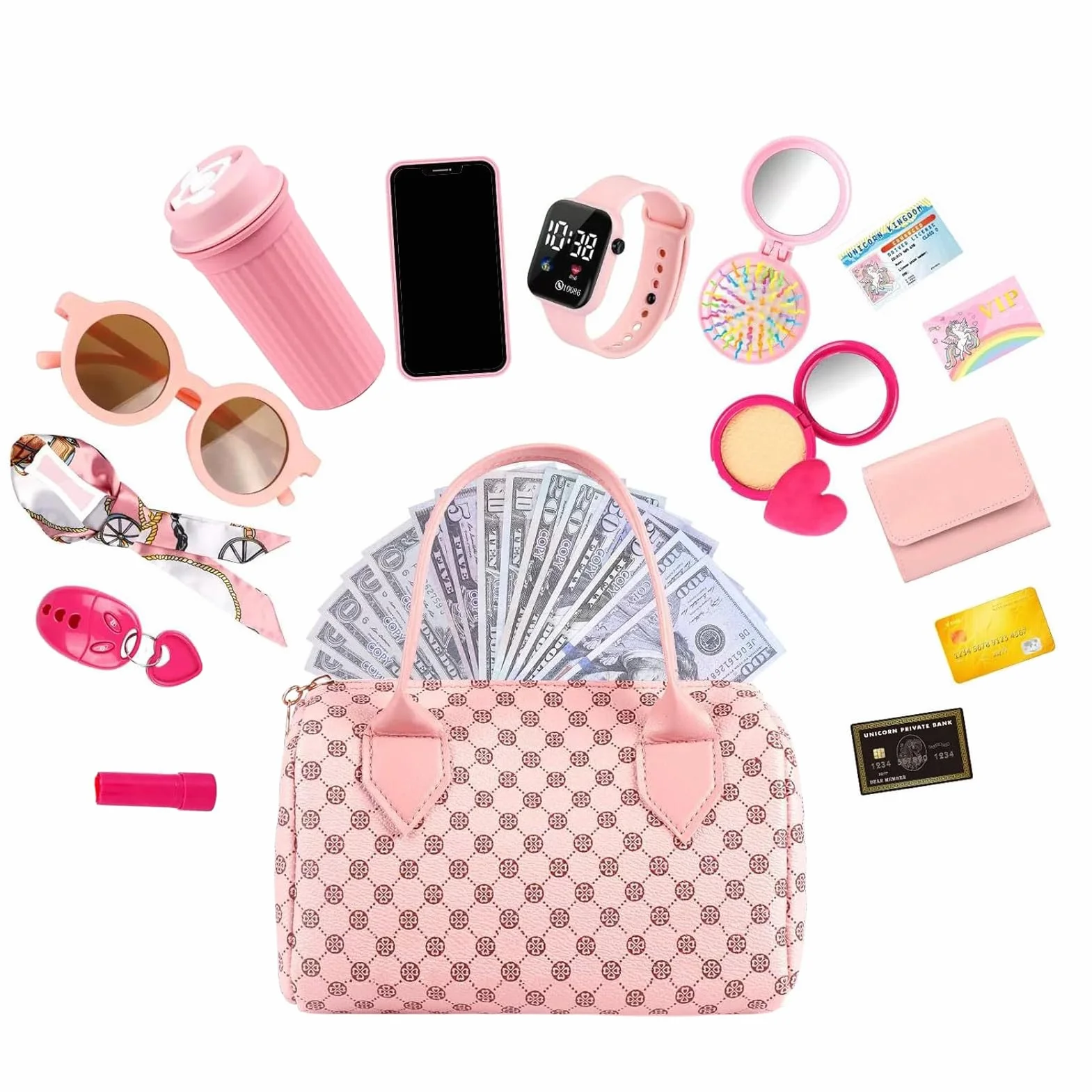 Sac à main pour fille avec accessoires jouet maquillage téléphone portable montre écharpe princesse 3-6 ans 20x11x13 cm