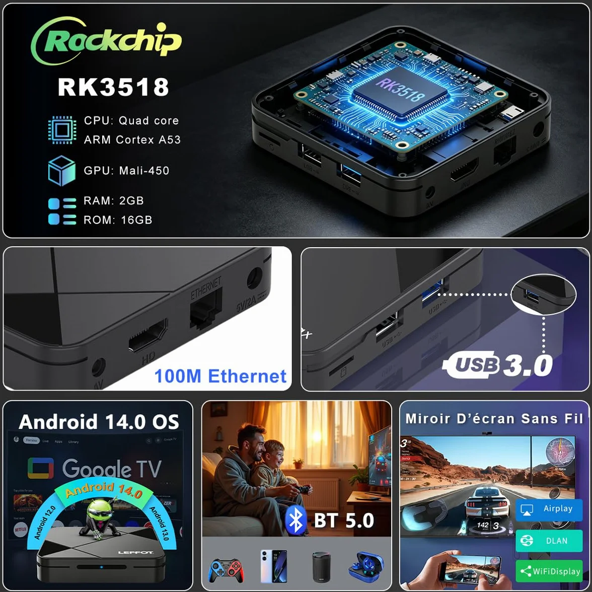 LEFFOT Android 14 TV Box 4K Ultra HD RK3518 Quad-Core A53 2GB RAM 16GB ROM WiFi 6 BT 5.4