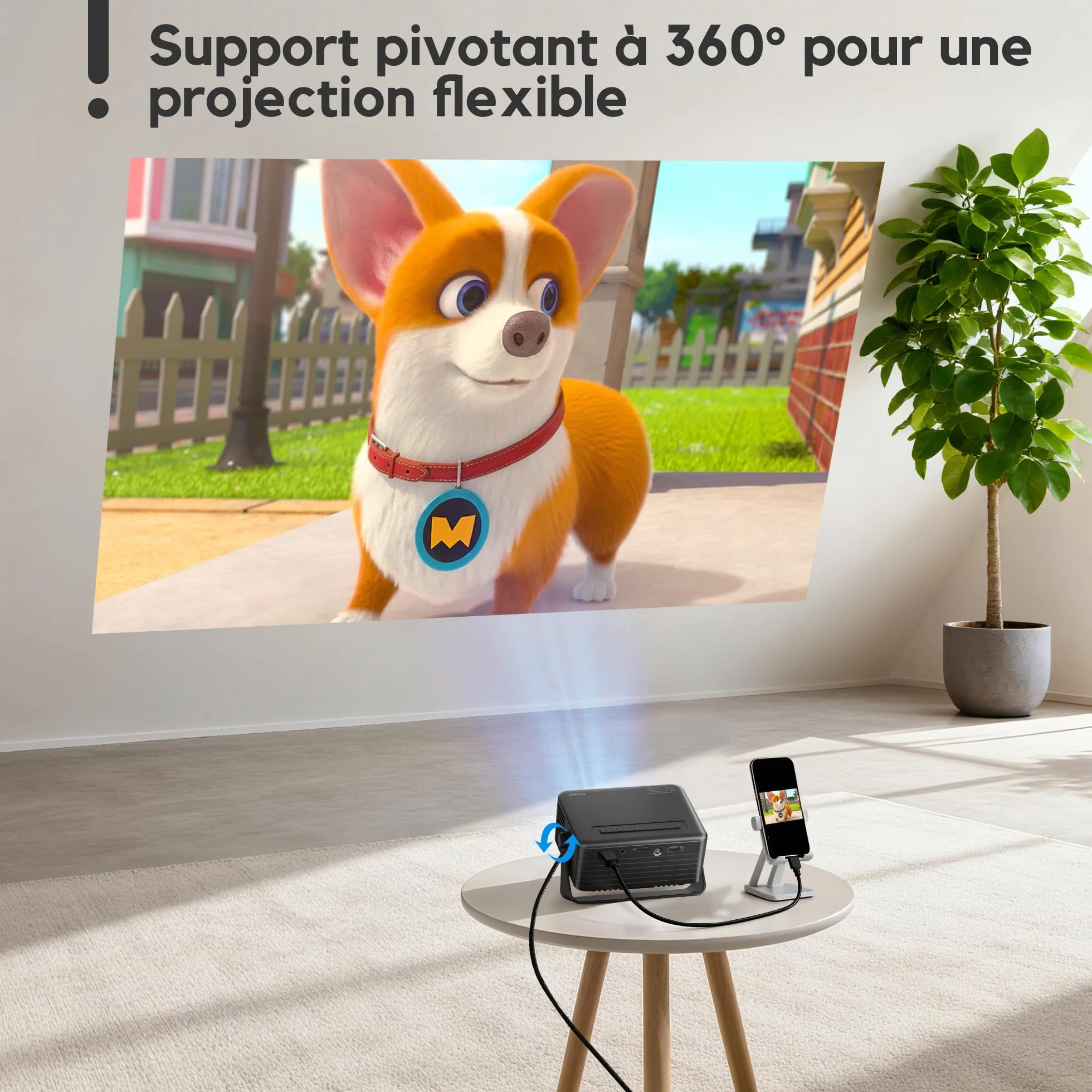 AKIYO O1 Mini Projecteur 1080P Full HD 15000 LM Auto Keystone Rotabile 360° Zoom 50% Noir