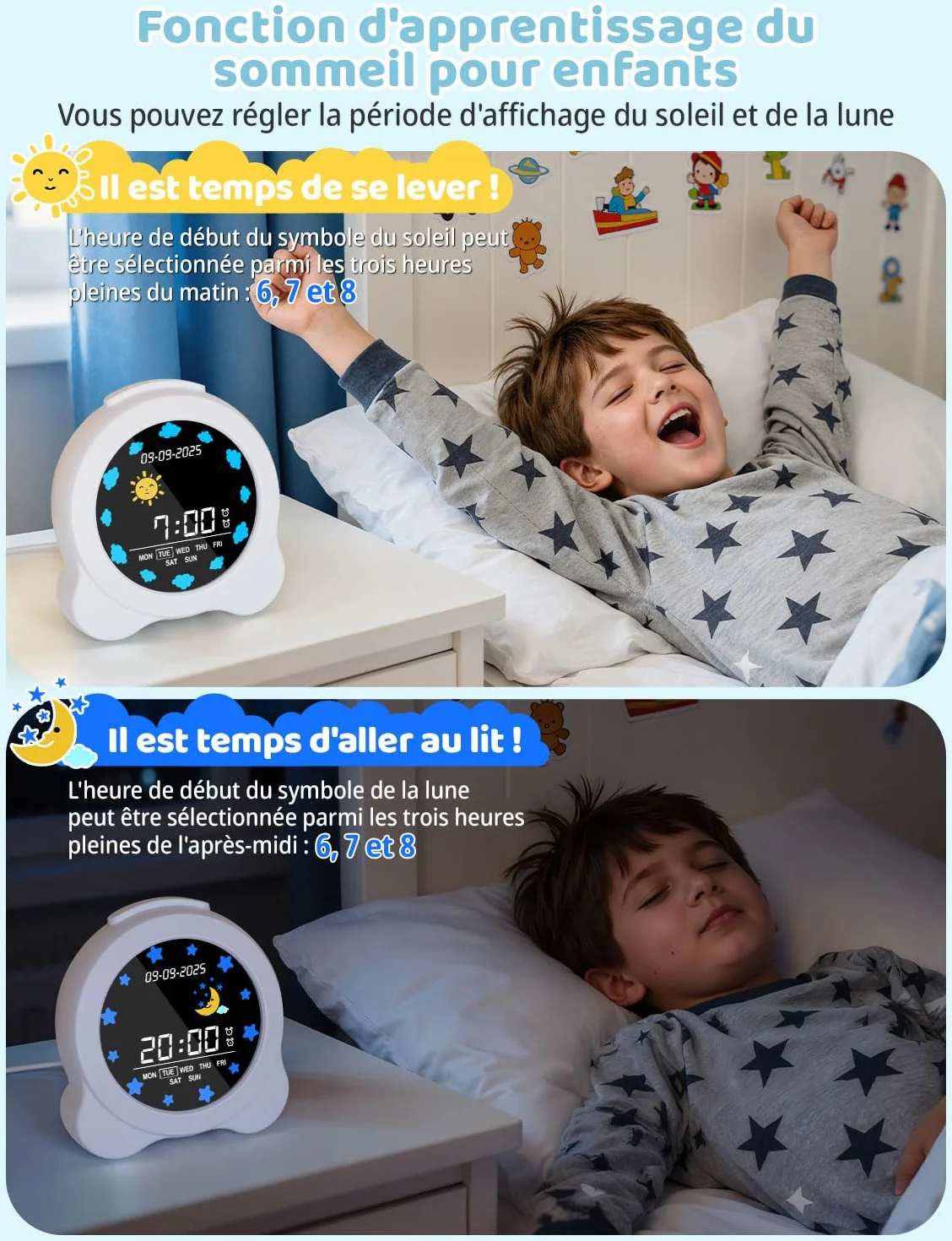 YISSVIC Réveil Enfant Jour Nuit Éducatif 2 Alarmes 12/24 Heure Snooze Luminosité Réglable