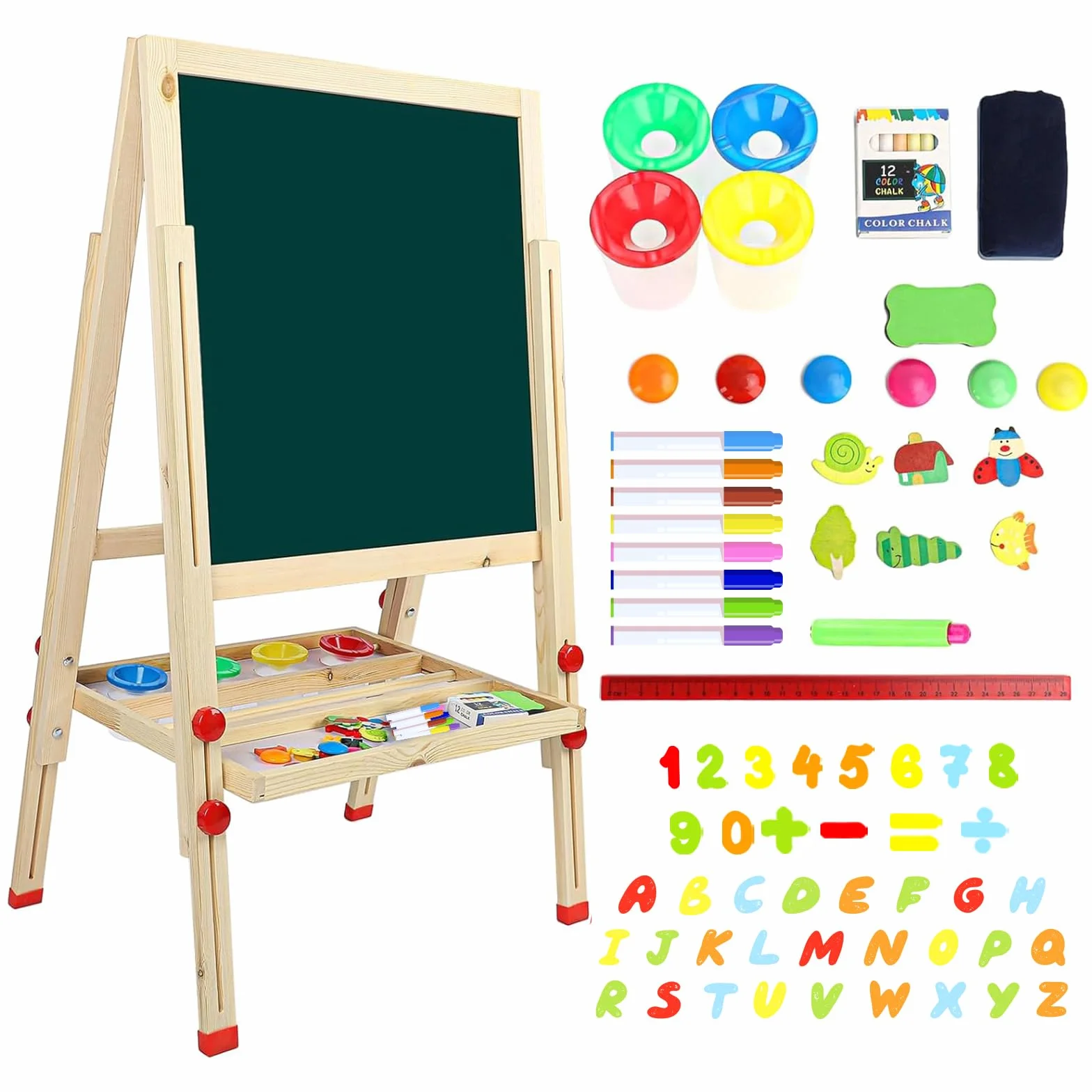 Dripex Tableau Enfant Double Face, Chevalet Bois Réglable Hauteur Tableau Noir et Blanc avec Craie Aimants, Jouet Educatif Créatif pour Garçon Fille 3+ Ans 55x55CM