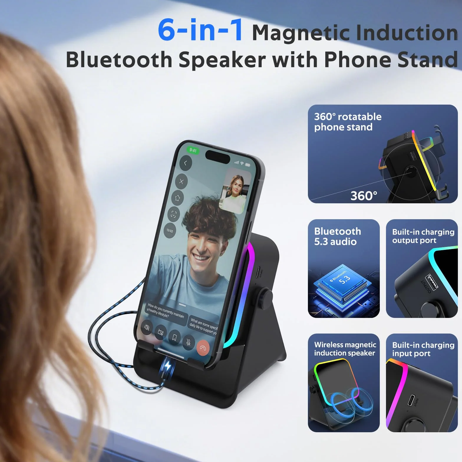 Enceinte Bluetooth à Induction avec Support Téléphone, Cadeau Fête des Pères Homme Original Utile