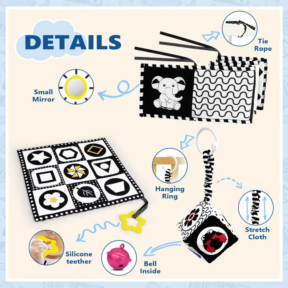 Jouets sensoriels noirs et blancs à contraste élevé pour bébé 0-12 mois, ensemble Montessori avec anneau de dentition et hochet