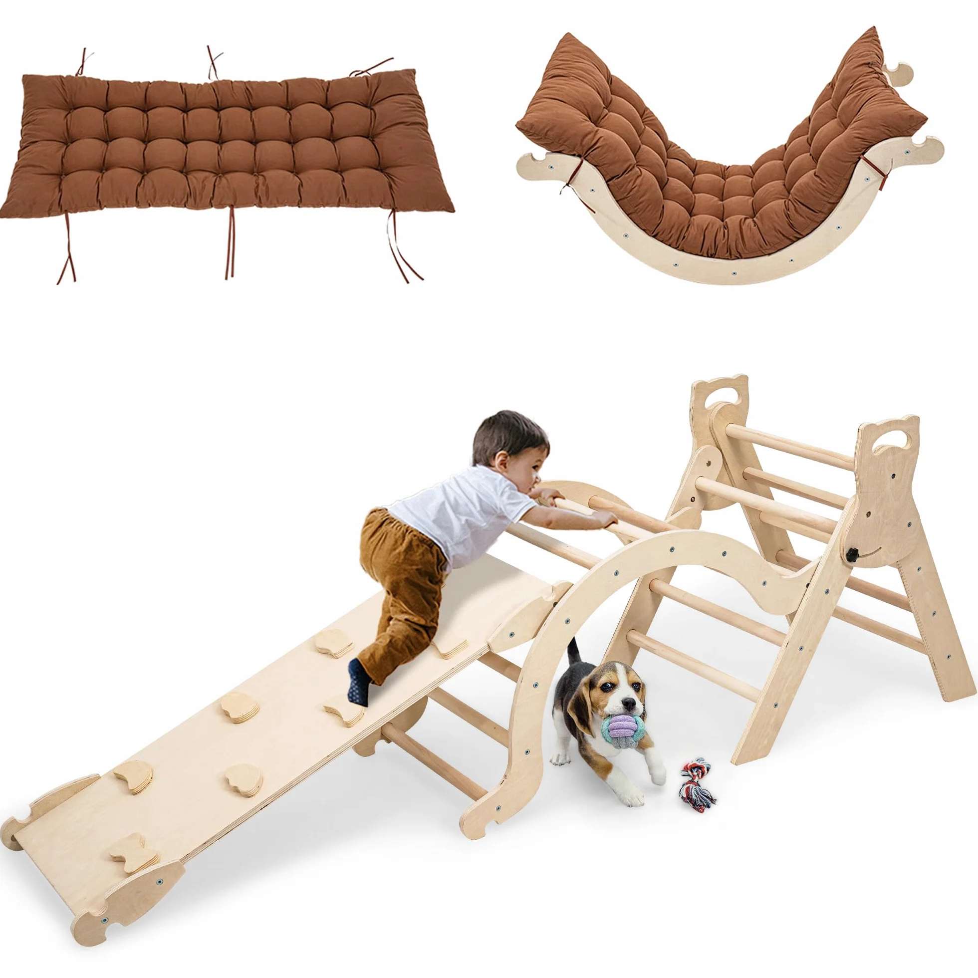 Arche Montessori Escalade Enfant Bebe Jeux en Bois Hêtre avec Toboggan Échelle Coussin Aire de Jeux Interieur 1 2 3 4 Ans