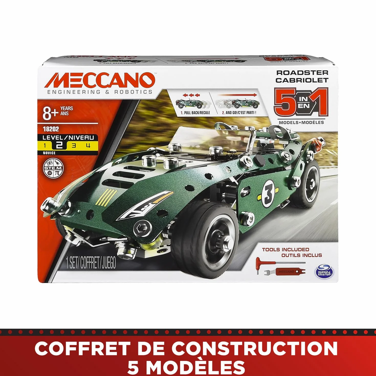 Bandai Meccano Cabriolet Rétro Friction Coffret Construction 225 pièces Moteur Rétro-Friction Jouet Enfant 8 ans+