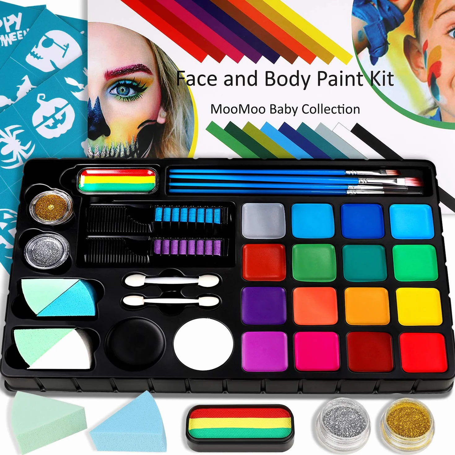 Kit Peinture Visage Enfant Maquillage Halloween 18 Peintures à l'Eau 28 Pochoirs