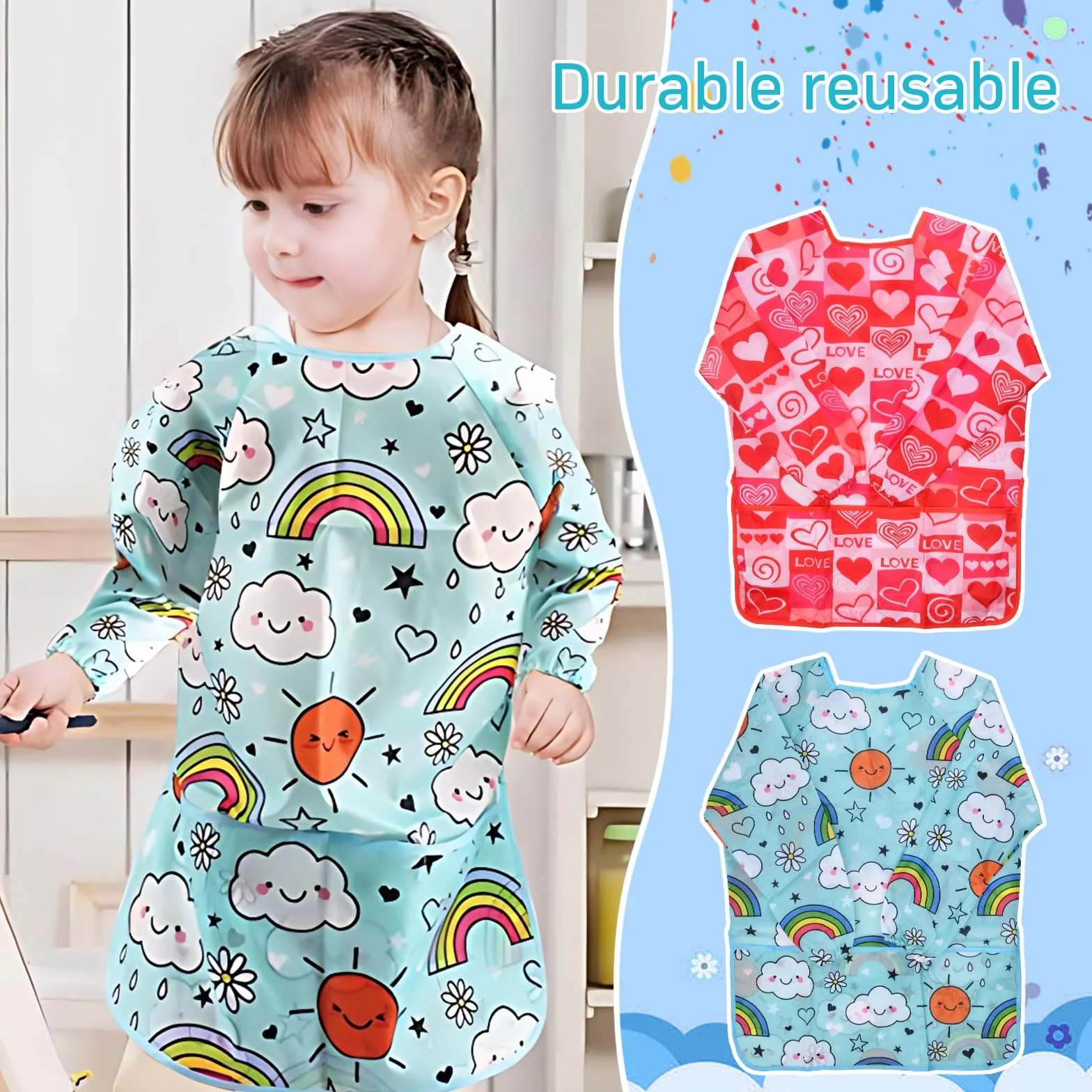 Tablier d'art pour Enfants 3-8 Ans - 2Pcs Blouse Peinture en Nylon Imperméable avec Manches et Poches