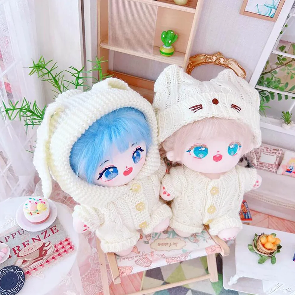 niannyyhouse Vêtements de poupée en peluche 20 cm, chapeau chat, grenouillères laine, accessoires