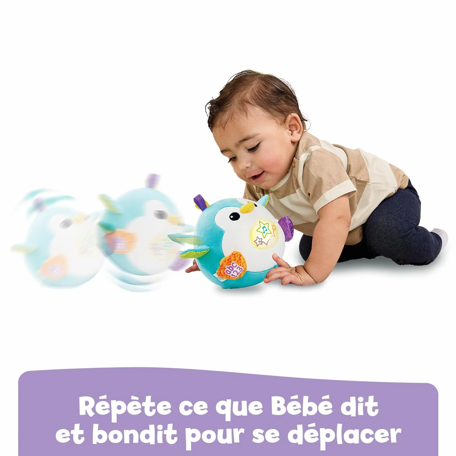 VTech Rouli'Pingouin Balle Magique Peluche Interactive Bébé Qui Répète, Saute et Roule - Balle Bébé Éveil Musical, Pingouin Jouet Sensoriel - Cadeau Enfant Dès 1 an