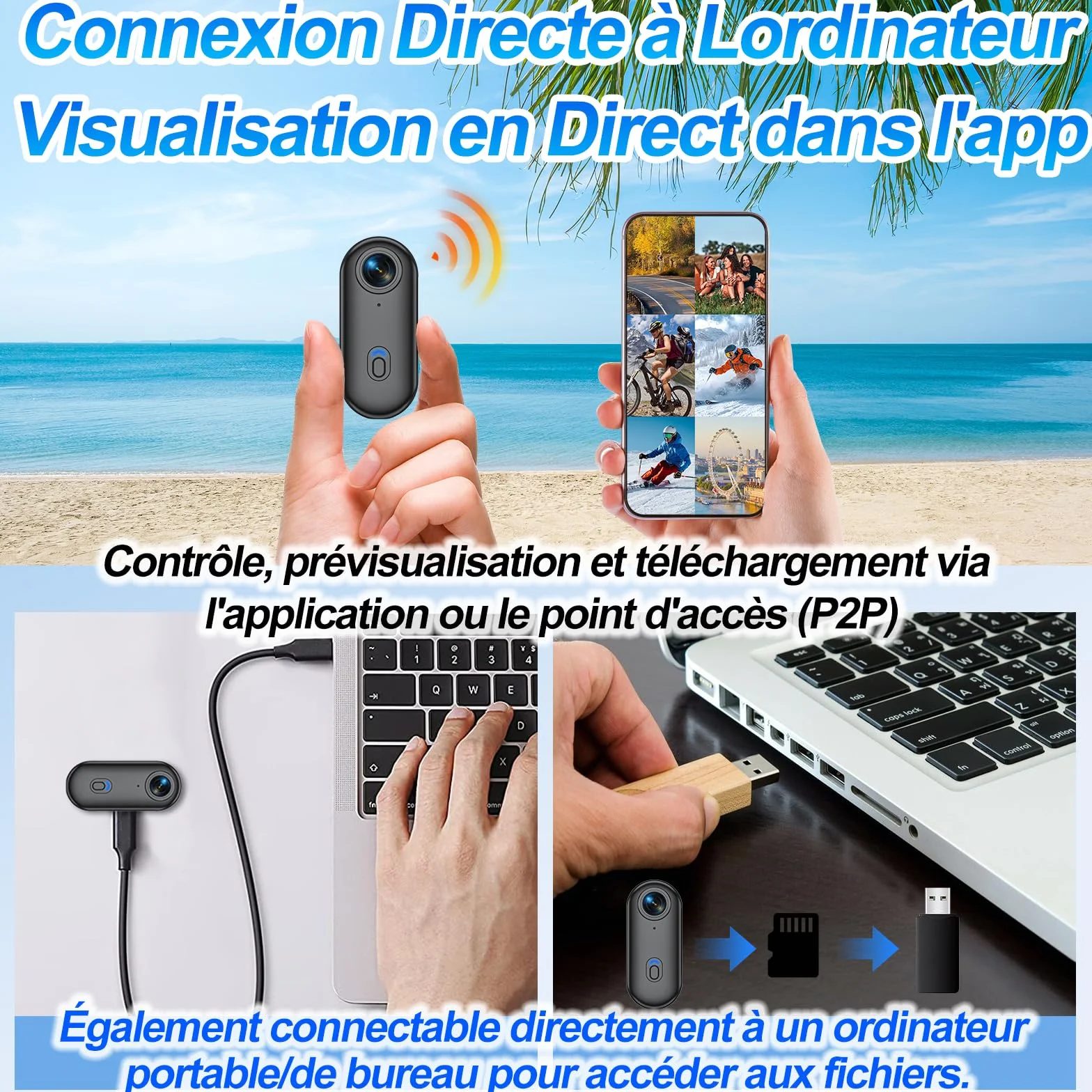 Caméra Sport WiFi Étanche 30m 1080P HD Moto 360 Objectif Grand Angle 150° Dashcam Moto Mini