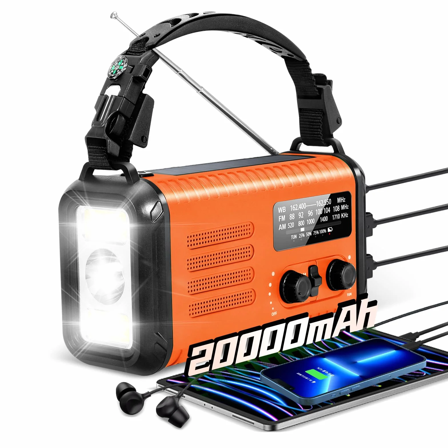 Radio de Secours à manivelle 20000 mAh NOAA AM FM Solaire Portable avec Lampe Torche SOS Orange