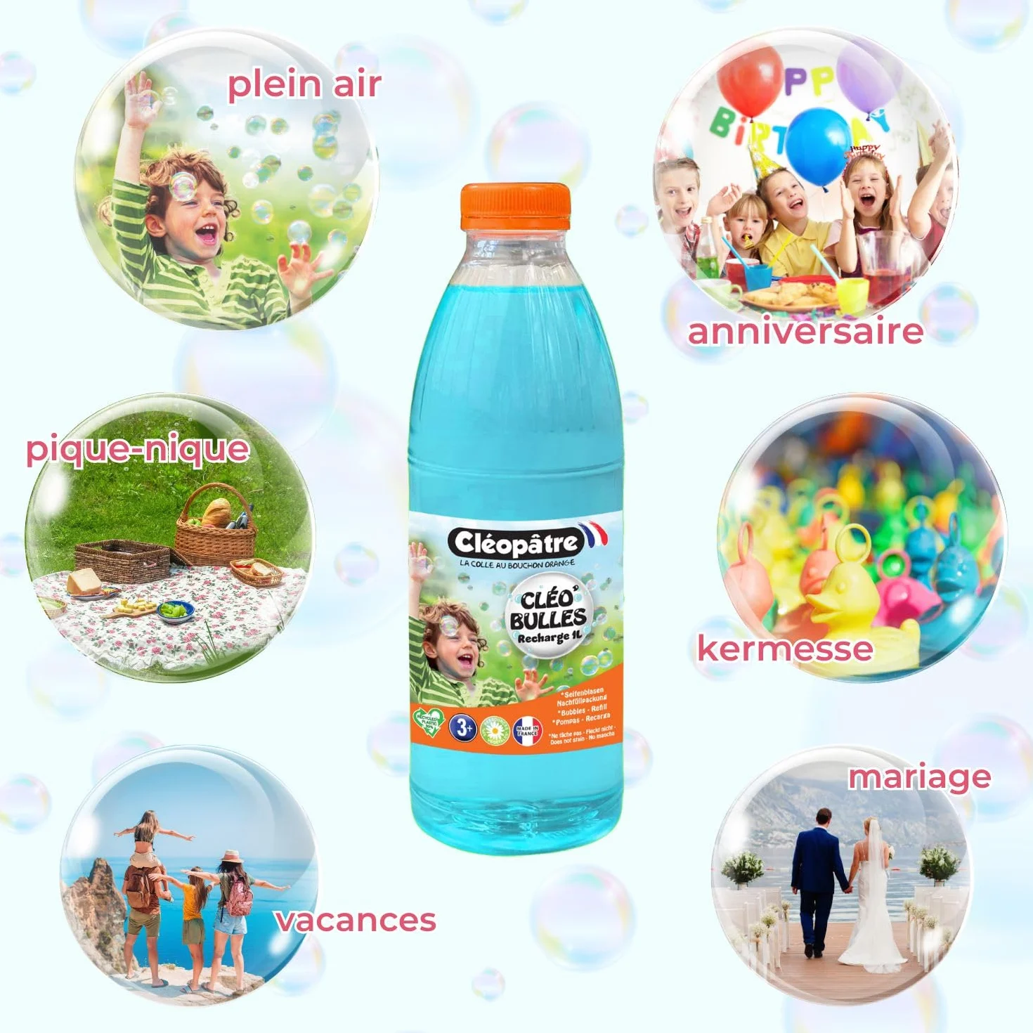 CLEOPATRE CLÉO’Bulles Recharge Solution Bulles de Savon Bleue 1 L Hypoallergénique Fabriqué en France