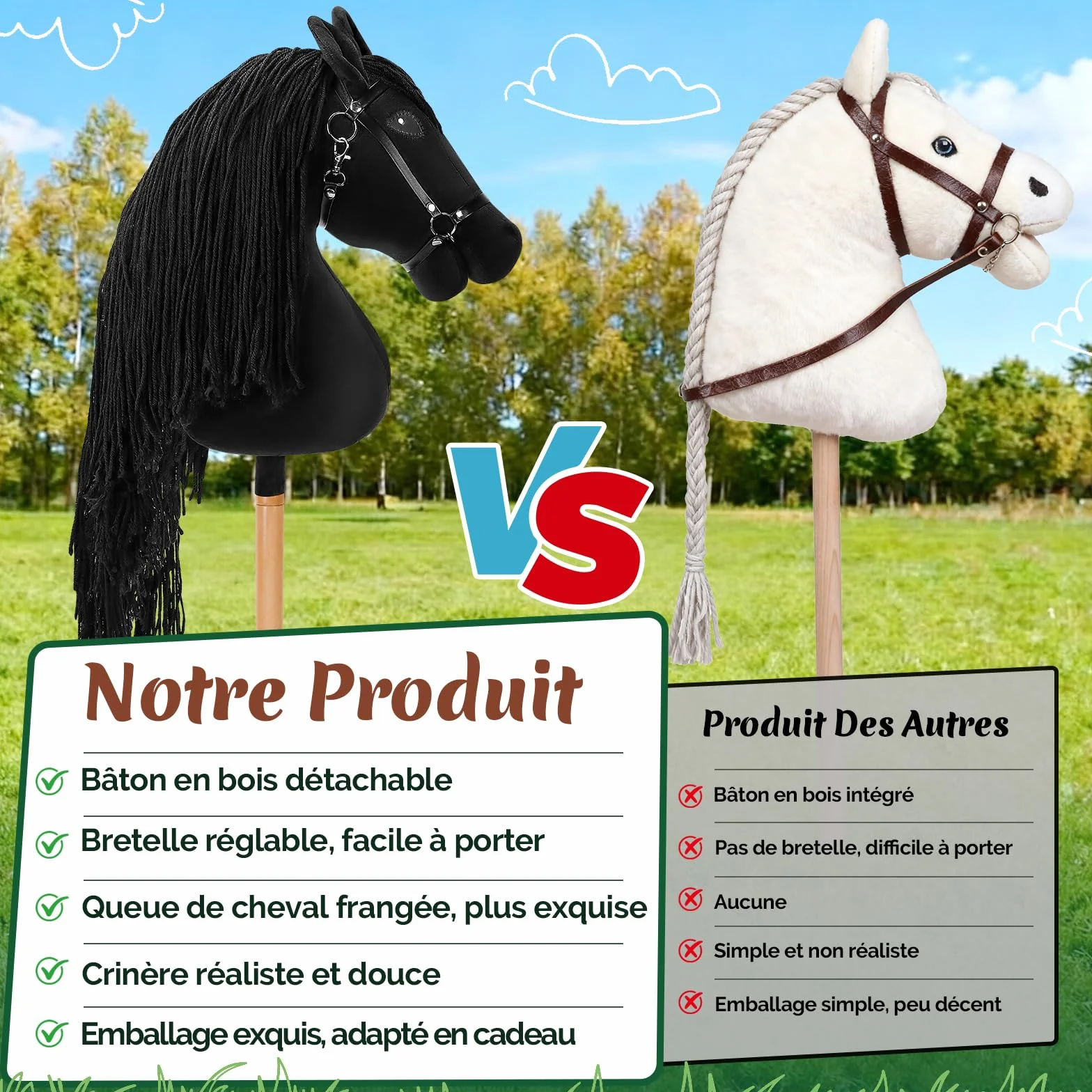 Charmofun Cheval Bâton Enfant, Hobby Horse Tête A3 avec Licol Peluche, Jouet Cheval Fille Garçon Marron