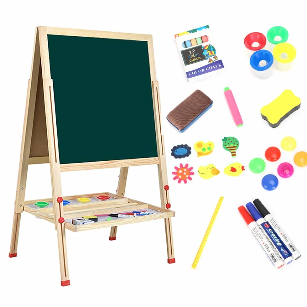 Dripex Tableau Enfant Double Face, Chevalet Bois Réglable Hauteur Tableau Noir et Blanc avec Craie Aimants, Jouet Educatif Créatif pour Garçon Fille 3+ Ans 55x55CM