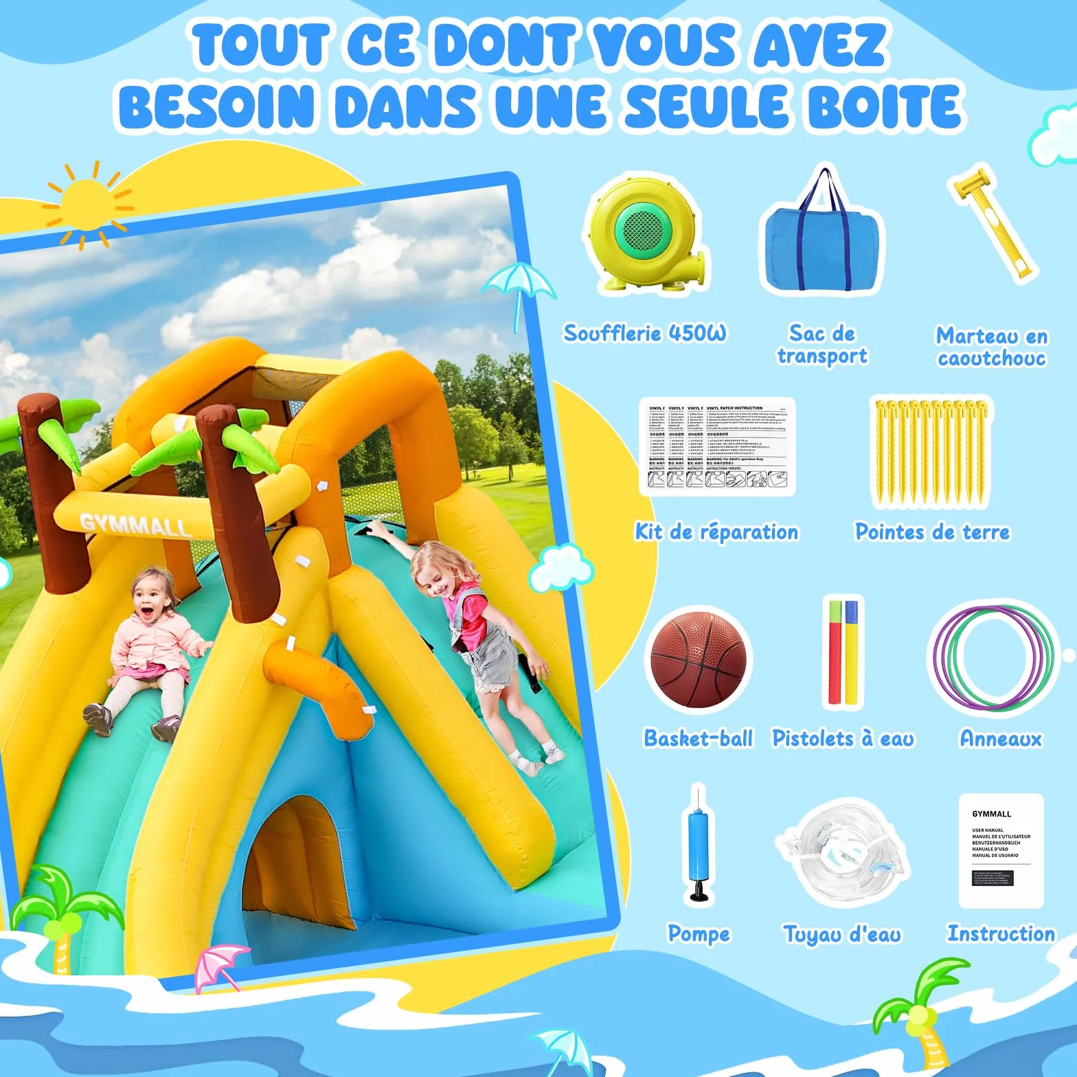 Château Gonflable à Eau 450W 10-en-1 Toboggan Aquatique pour Enfants avec Piscine et Glissade