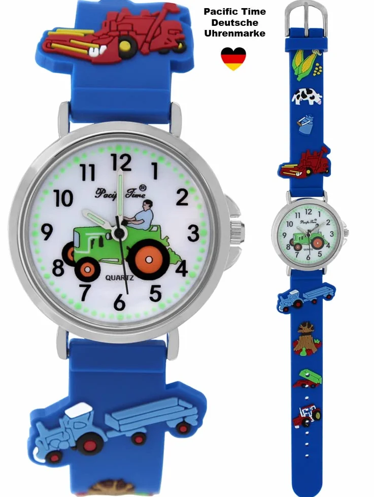 Pacific Time Horloge enfants montre bracelet argenté garçon tracteur ferme analogique quartz bleu