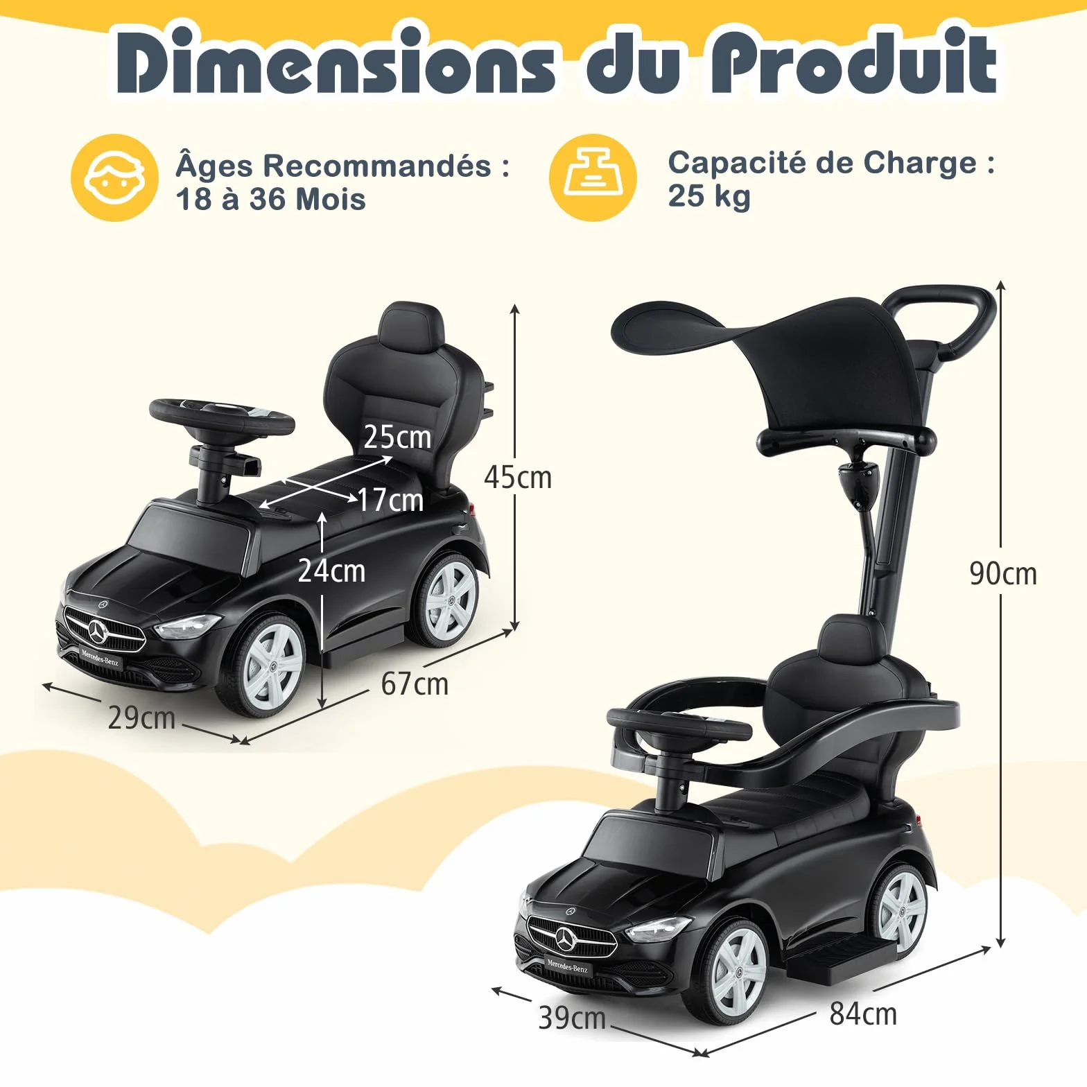 COSTWAY Mercedes-Benz Porteur Enfant 3 en 1 avec Volant Klaxon Son de Moteur, Voiture à Pousser 25kg 18-36 Mois Blanc