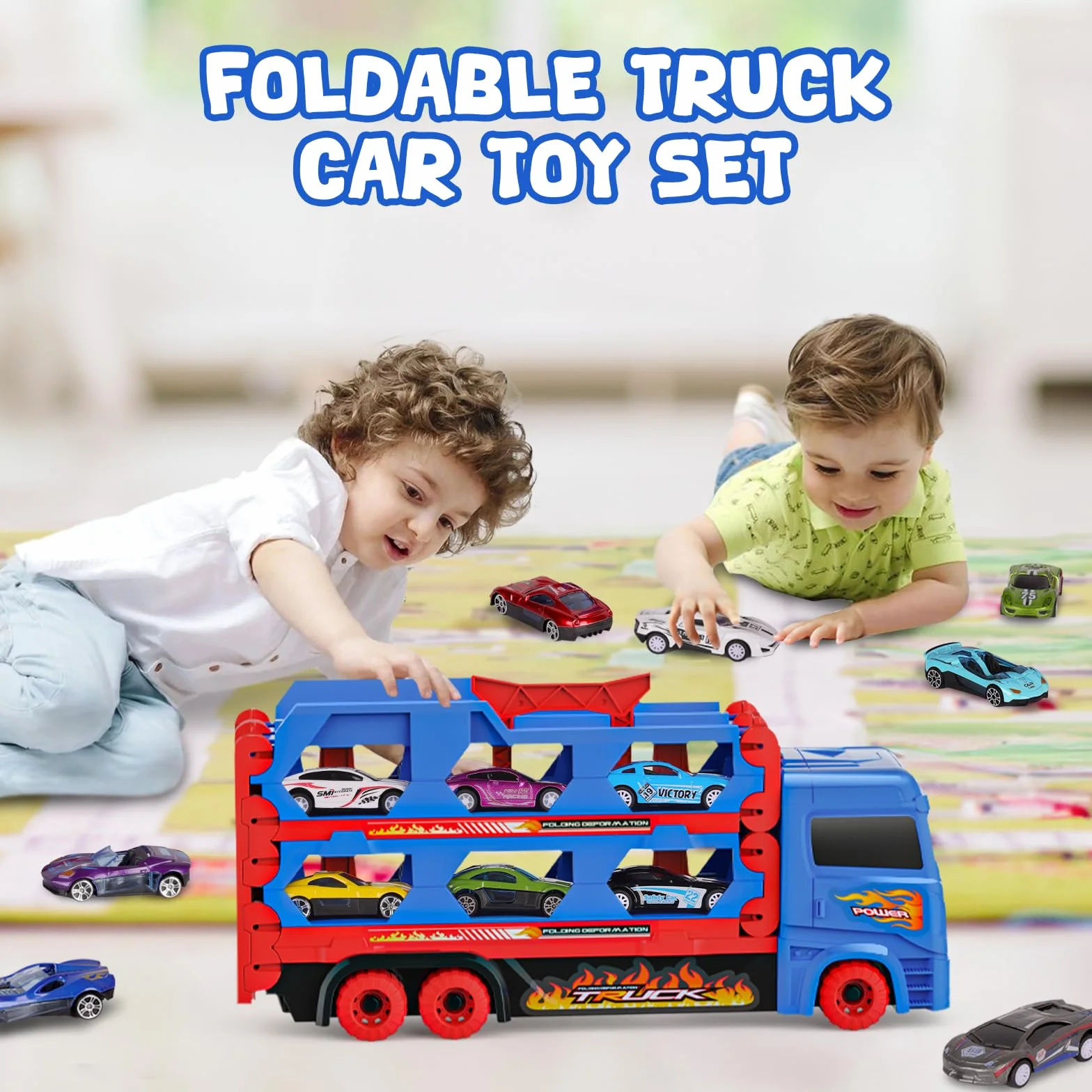 Camion Transporteur Voiture avec Pistes Pliables 165cm et 10 Mini Voitures pour Enfants 3-6 Ans