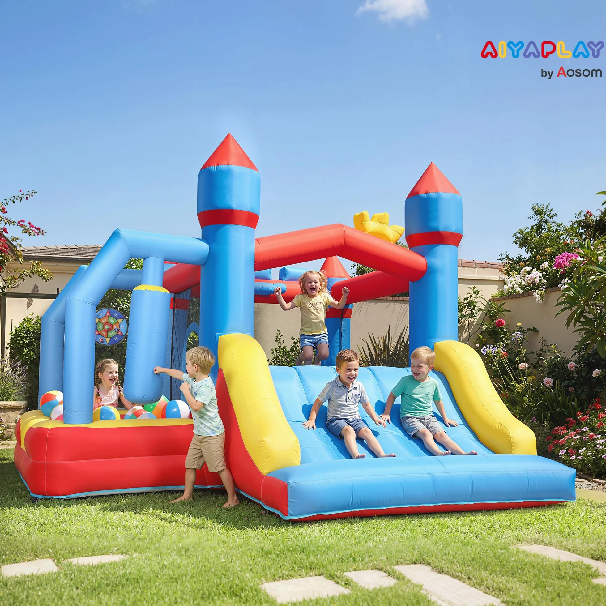 AIYAPLAY Château Gonflable 5 en 1 avec Souffleur et Pistolet à Eau, Parc Aquatique Enfants 3-8 Ans