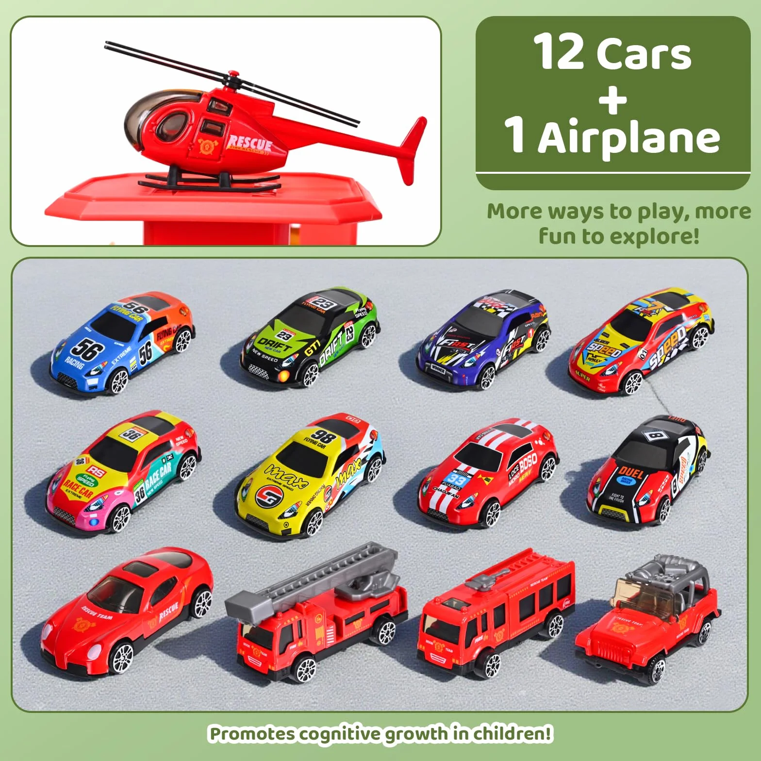 Circuit Voiture Enfant Camion Pompier, Garage Voiture 5 Niveaux Ascenseur Électrique, Parking Jouet Son et Lumière, 12 Voitures et 1 Hélicoptère, 3-9 Ans