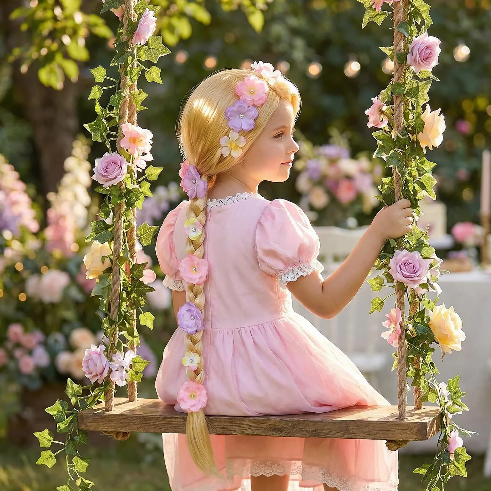 Perruque Princesse Cosplay Raiponce Longues Tresses Blondes Accessoire Cheveux Filles Enfants Carnaval