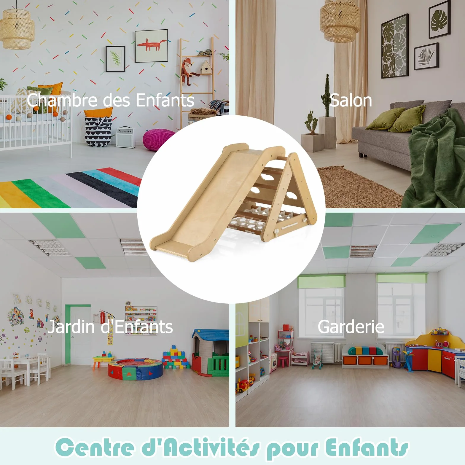 GOPLUS Triangle d'Escalade Montessori Enfants avec Filet à Grimper, Planche et Échelle, Toboggan, Charge 50KG, Aire de Jeux Intérieur pour Bébé 1 an+