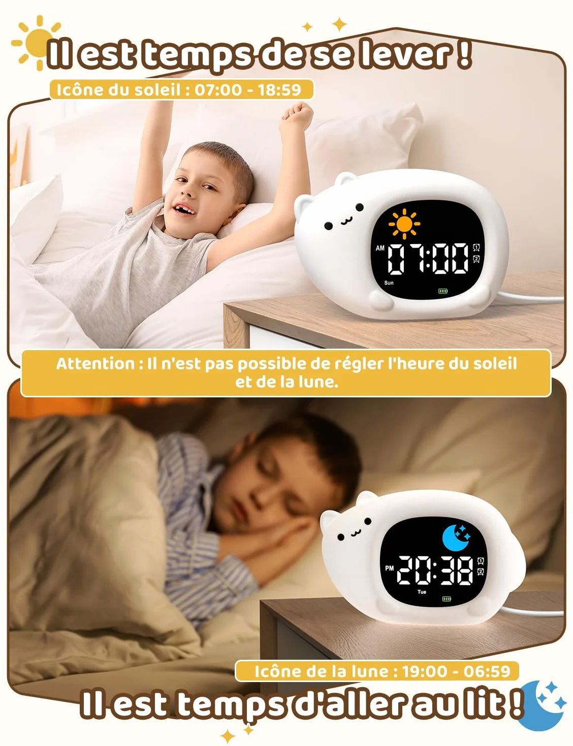 YISSVIC Réveil Enfant Educatif Jour Nuit 2 Alarme 12/24 Heure Snooze Luminosité Réglable 7 Couleurs 10 Chansons Chat