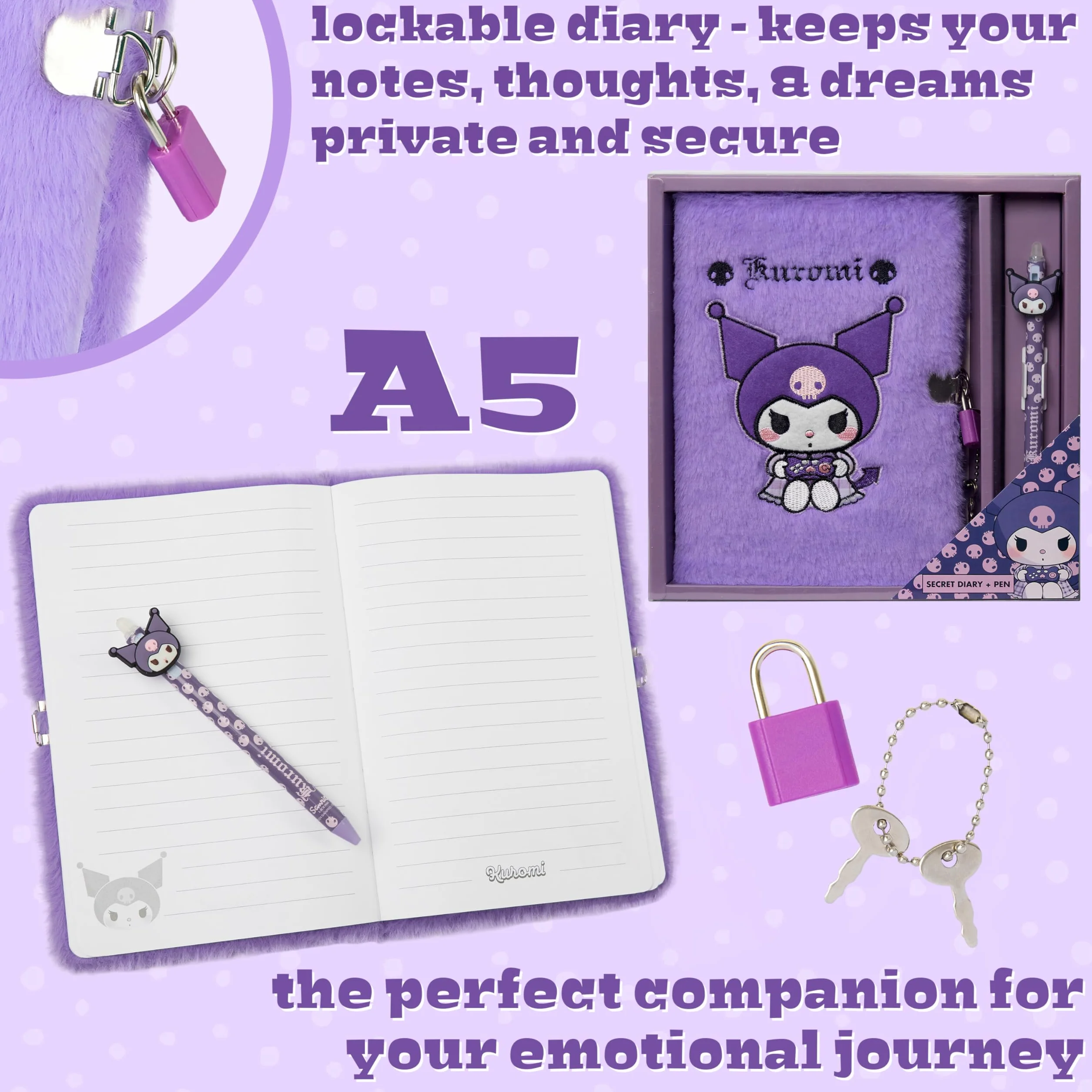 Hello Kitty Carnet Secret avec Cadenas et Stylo Kuromi Journal Intime Cadenas Stylo Bille Peluche Papeterie Kawaii Fourniture Scolaire Violet