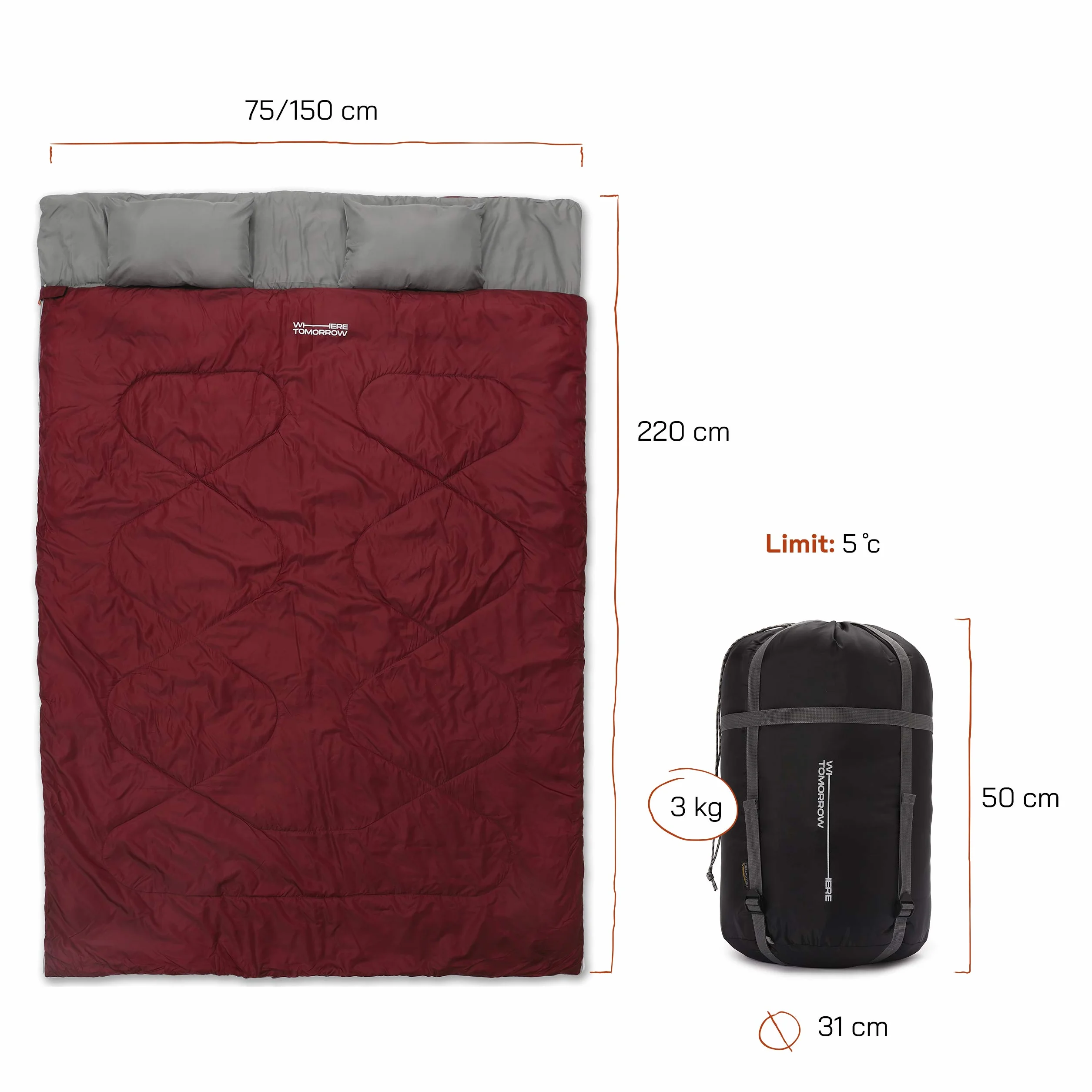 Lumaland Sac de Couchage Double 2 Personnes 190 x 150 cm Imperméable Respirant 300 g/m² Bordeaux