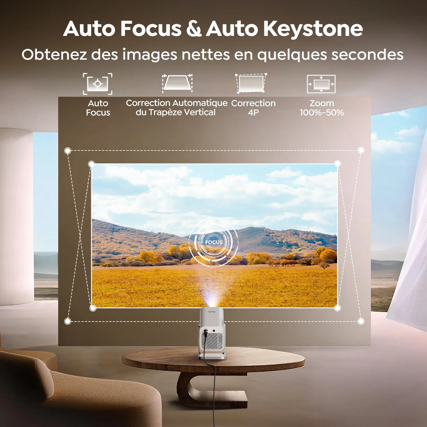 Vidéoprojecteur 4K 800 ANSI Courte Focale Bluetooth FHD 1080P WiFi6 Rotatif 360° Zoom 50% Mini Projecteur Home Cinéma