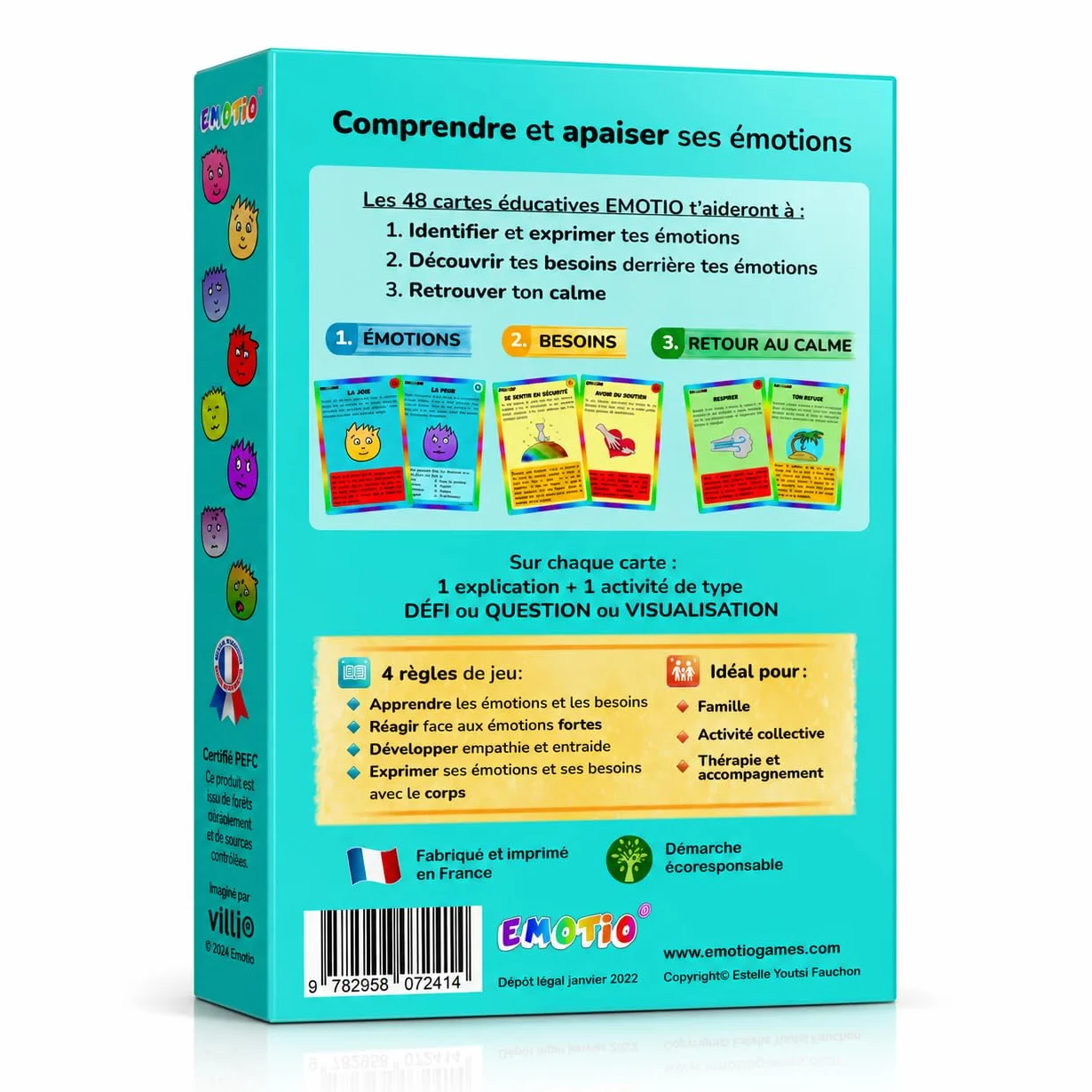 Jeu des émotions 48 cartes pédagogiques avec 3 thèmes fabriqué en France