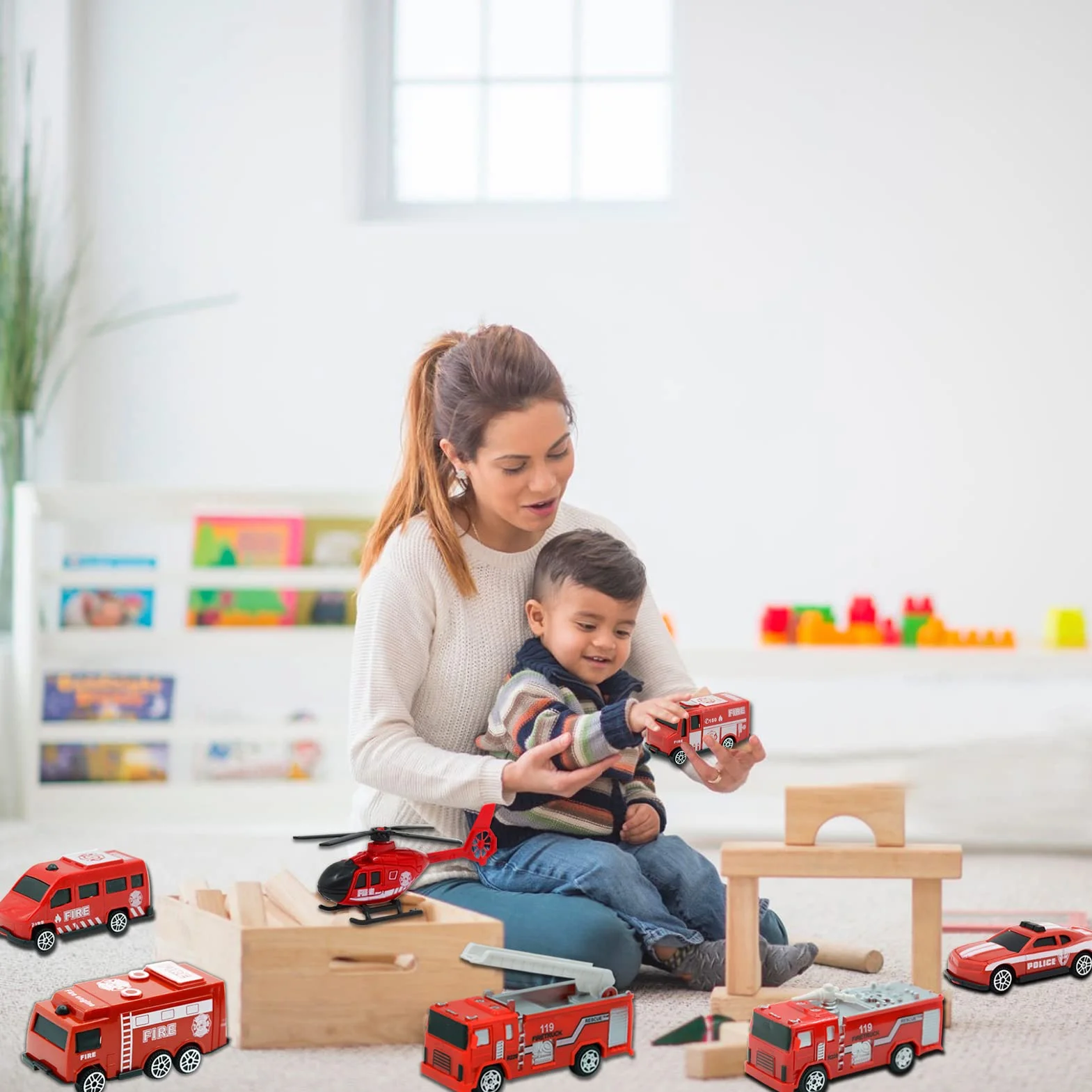 Mini Camion de Pompier Jouet 7 Pièces pour Enfant Cadeau d'Anniversaire