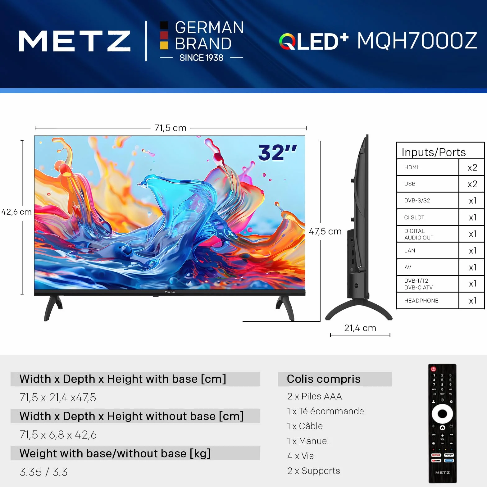 Metz 32 Pouces Smart TV Google LED QLED+ HDR10 Dolby Audio Bluetooth 5.1 DVB-T/T2/C/S/S2 CI+ 1.5GB RAM 32MQH7000Z