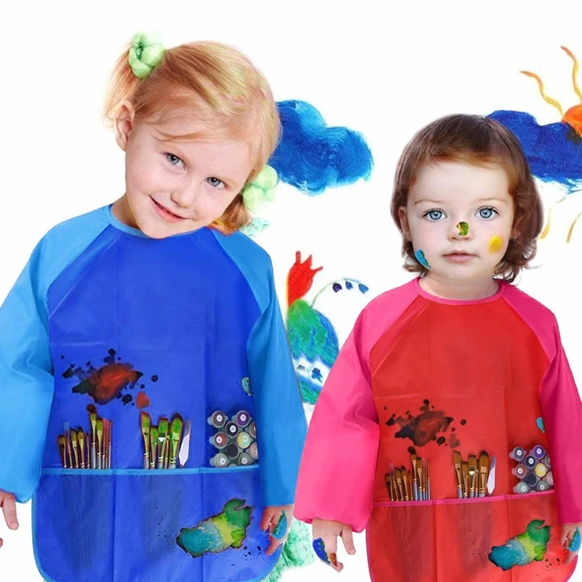 Tablier de Peinture Enfant Imperméable Manches Longues 3 Poches 2 Pièces 3-7 Ans