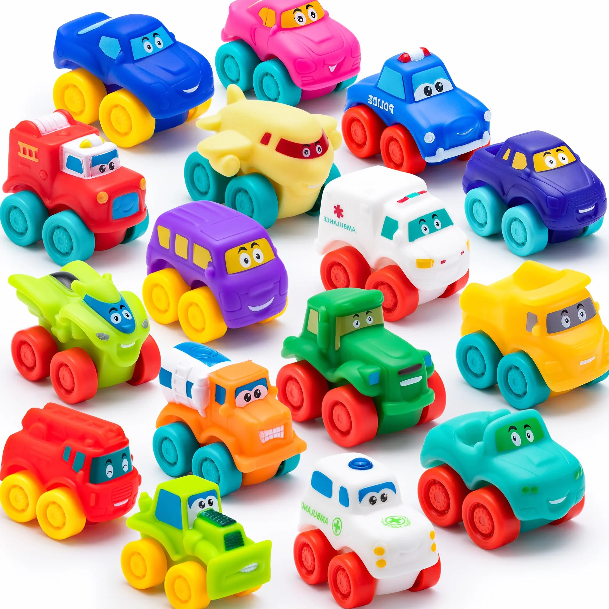 JOYIN 16 pièces Voitures de Dessin animé, Voiture Jouet en Caoutchouc Souple, Mini véhicules Jouets, Voiture Jouet de Bain